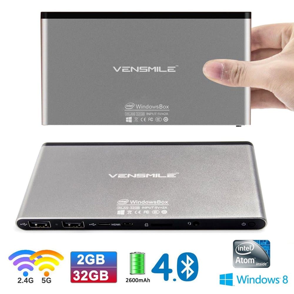VenSun iPC002 Mini PC Windows 8.1 OS With Bing Intel Quad Core (4C/4T) SoC CPU 1.33Ghz Memory 2G RAM EMMC 32GB Storage TV Box Mini Computer,Built-in Battery 2600mA, 2.4G+5G Dual Band WiFi 802.11 a/b/g/n; Bluetooth 4.0