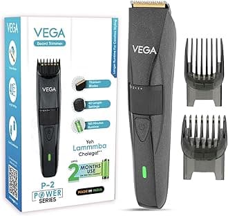 – Vega P-2 Beard Trimmer for Men | Titanium Blades | 40 Length Settings | 160 Min Runtime | 2 Comb Attachment | Cord & Cordless Use | Type-C Fast Charging | Battery Powered | (Power Series P2, VHTH-26)
