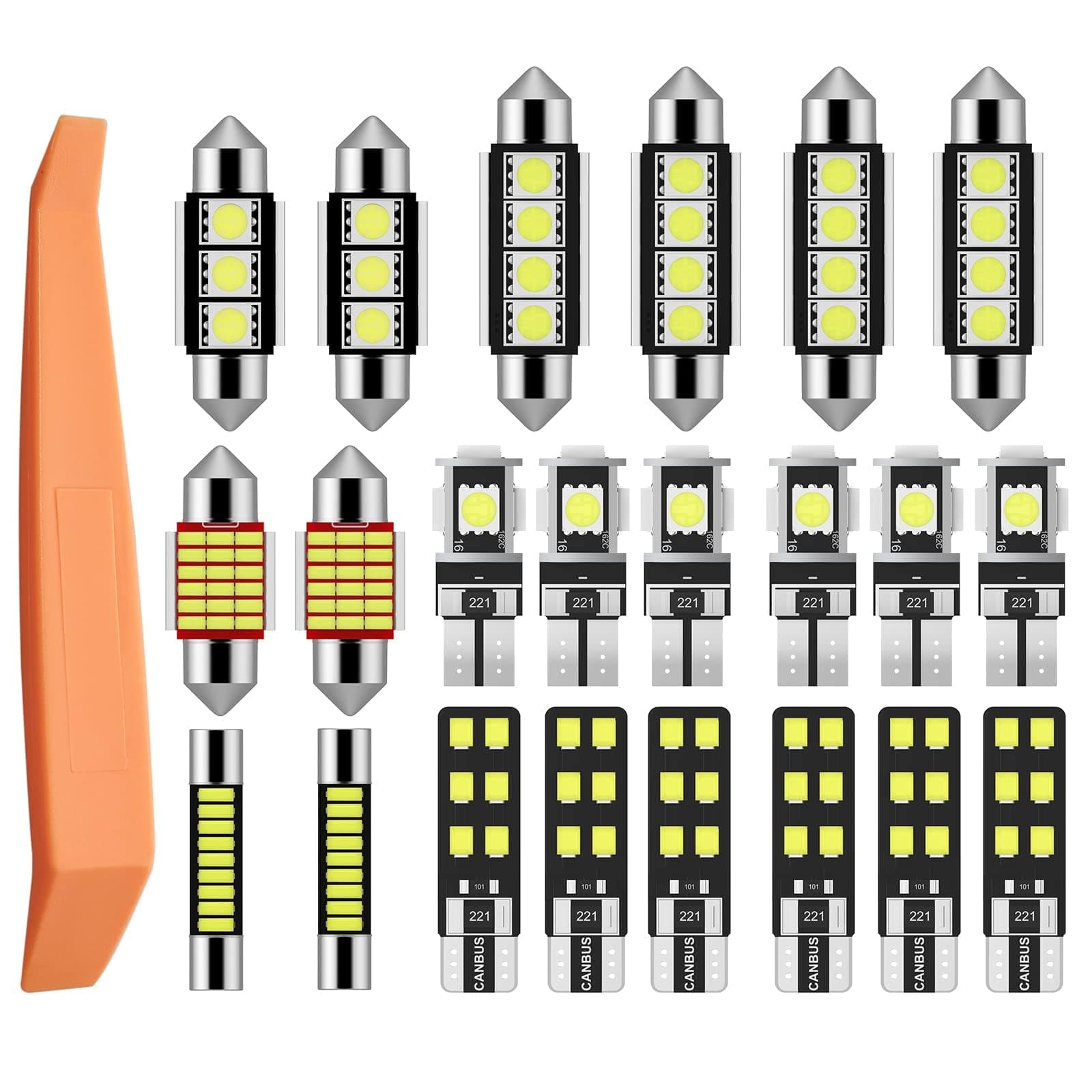 Justech 22PCs Can-bus Error Free LED SMD Bulbs Kit Set Spare Parts for Car Interior Dome Map Door Courtesy License Plate Lights Festoon C5W T10 168 194 2825 Xenon-White
