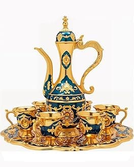 Vintage Turkish Tea Set with Tray and 6 Cups Exquisite Wine Pot Set Decorative Retro Tea Service Set for Home Party Decor (Golden Blue)