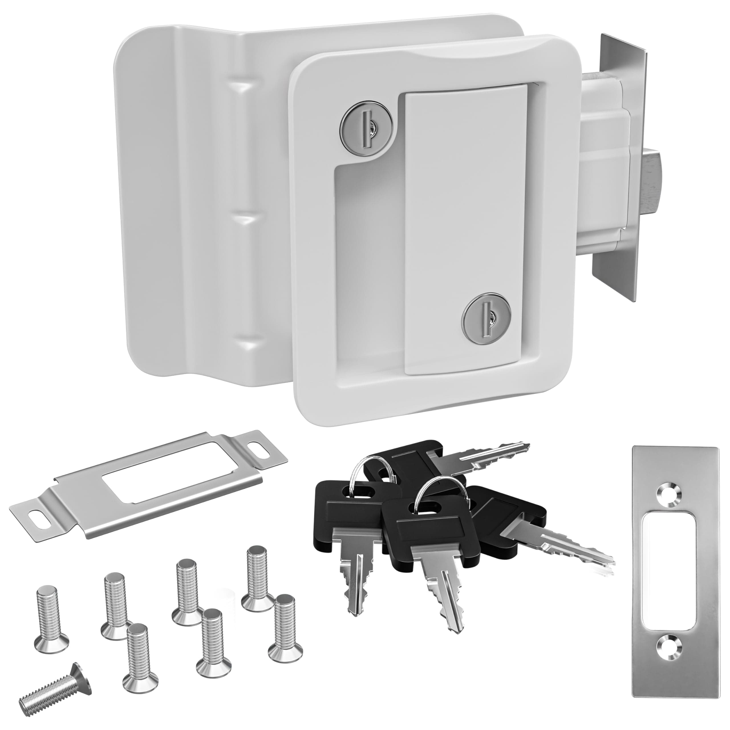 RV Door Lock Replacement with Paddle Deadbolt, Camper Door Handle Latch, 100% Metal RV Enclosed Travel Trailer Entry Door Lock with Keys for Camper Horse Trailer Cargo Hauler White