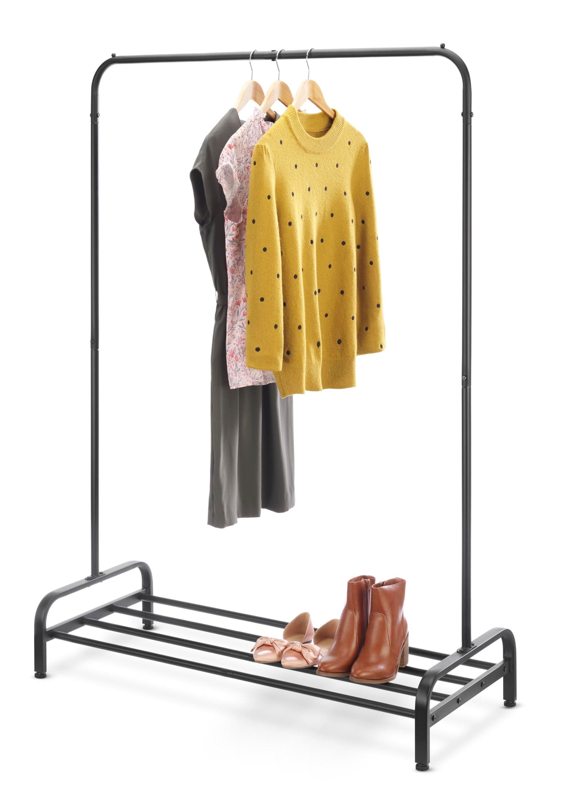 Whitmor Modern Garment Rack - Heavy Duty Clothing Rack with 4 Metal Bottom Bars - Single Rod Rack - Black
