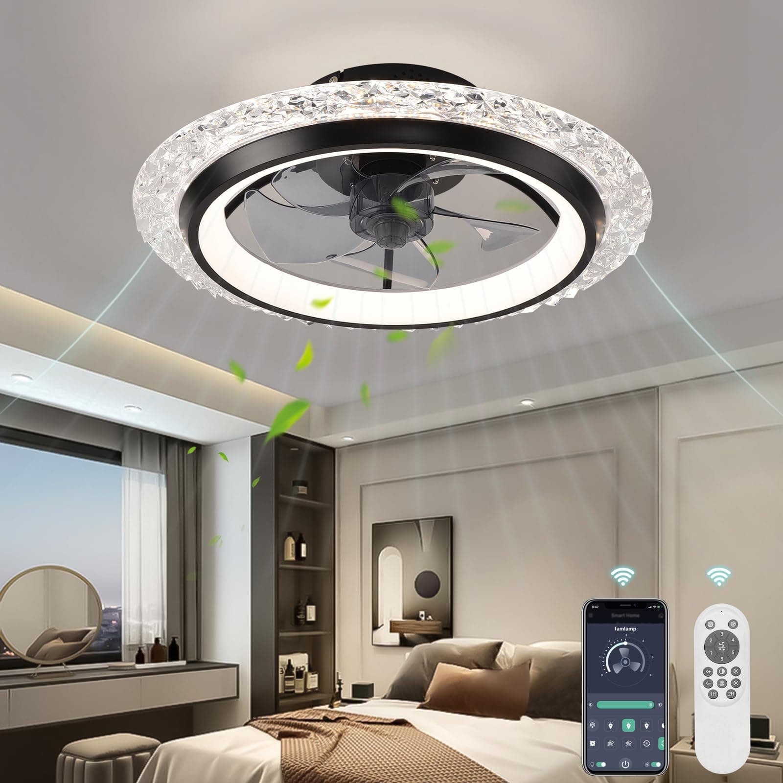 KINDLOV Modern Ceiling Fans with Lights, 19.7" Flush Mount Ceiling Fan with Dimmable Light and Remote,6-Speed Wind for Bedroom,Living Room,Low Profile Ceiling Fan with Light,Black