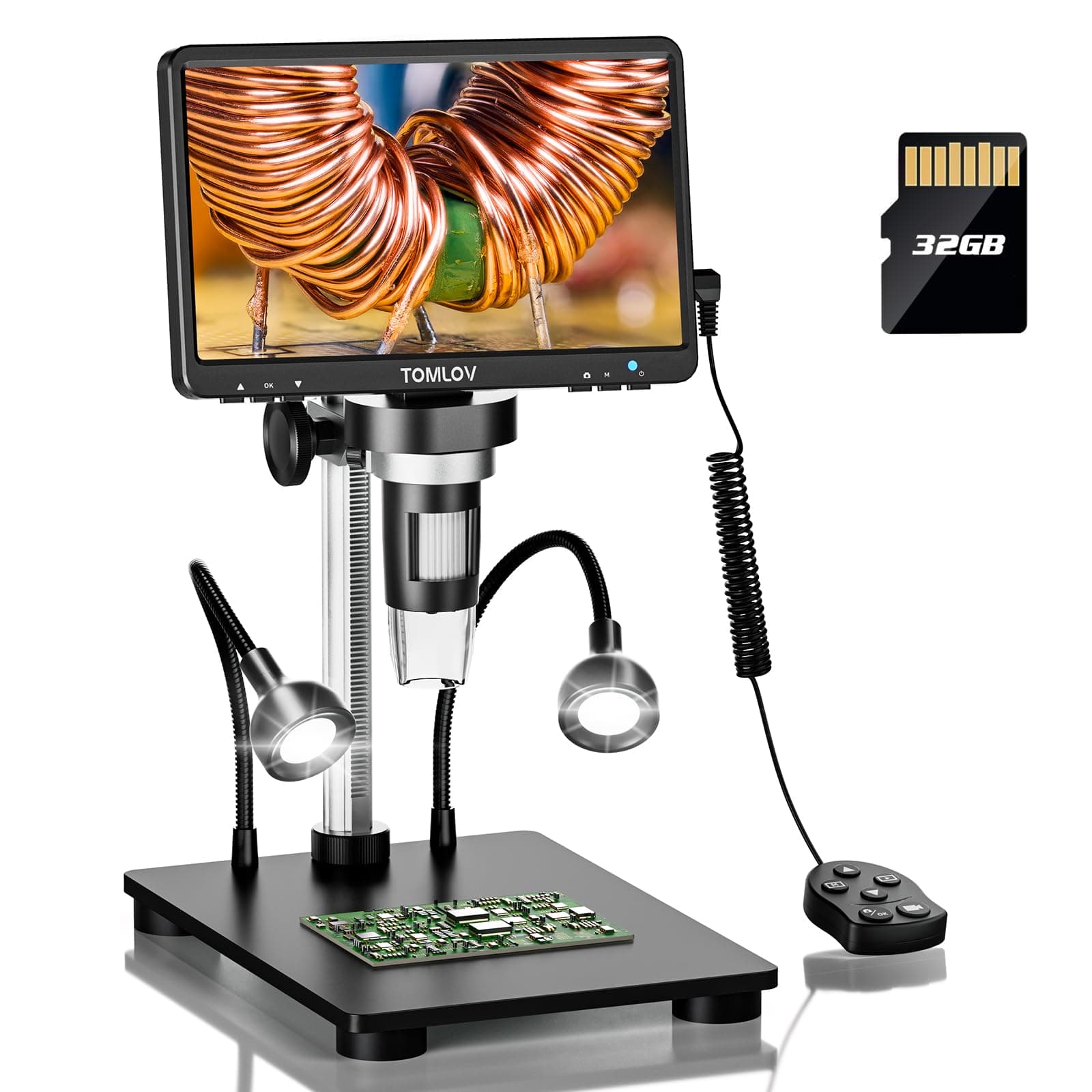 TOMLOV DM9B 7" Digital Microscope: 1080P 1200X Coin Microscope Magnifier, 12MP Ultra-Precise Focusing LCD Soldering Microscopes for Adults, PC View, 32GB, Black