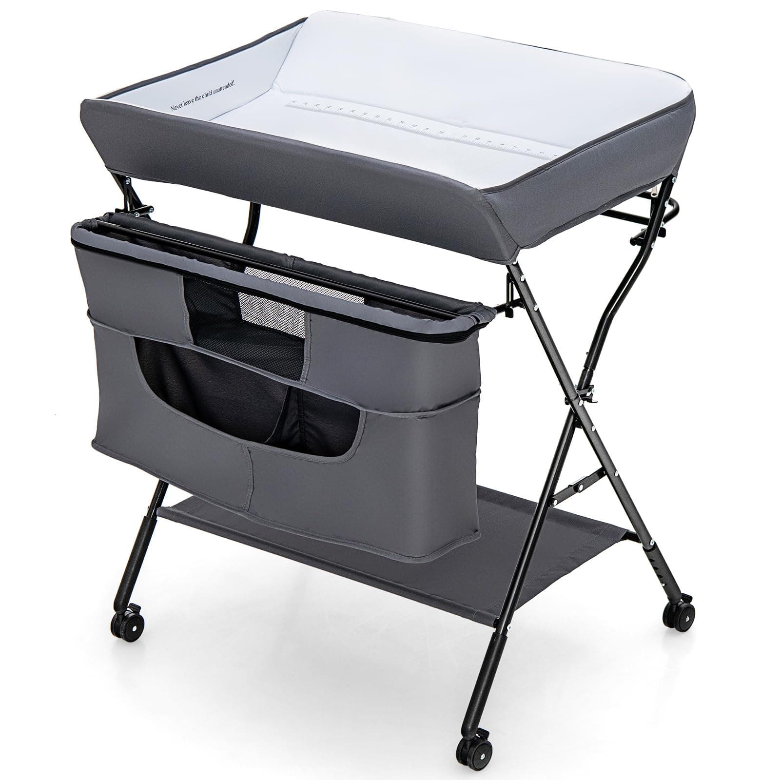 COSTWAY Folding Baby Changing Table, 4-Level Height Adjustable Newborn Massage Tables with Lockable Wheels, Hanging Rod, Storage Bag & Shelf, Infant Care Station Diaper Organizer (Grey)