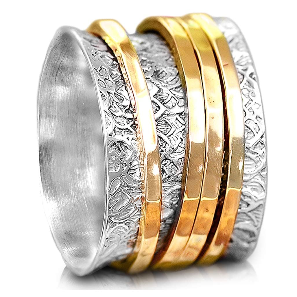 Boho-Magic 925 Sterling Silver Spinner Ring for Women Wide Band Fidget Ring with 4 Brass Spinning Rings Smooth Spin Comfort Fit Chunky Silver Statement Ring