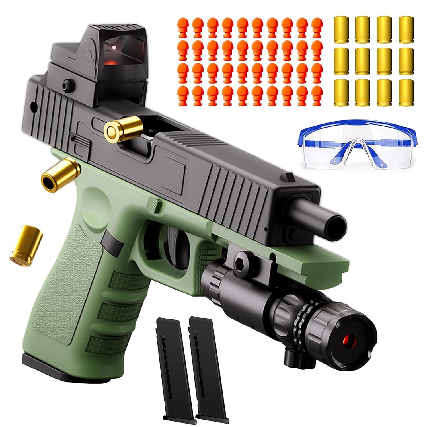 Moonmen Soft Bullet Toys Gun Pistol, Automatic Continuously Empty Shell Ejecting Toy Gun, 40 Soft Foam Bullets, 2 Magazines, Pistol Education Model Toys (Glock Green)
