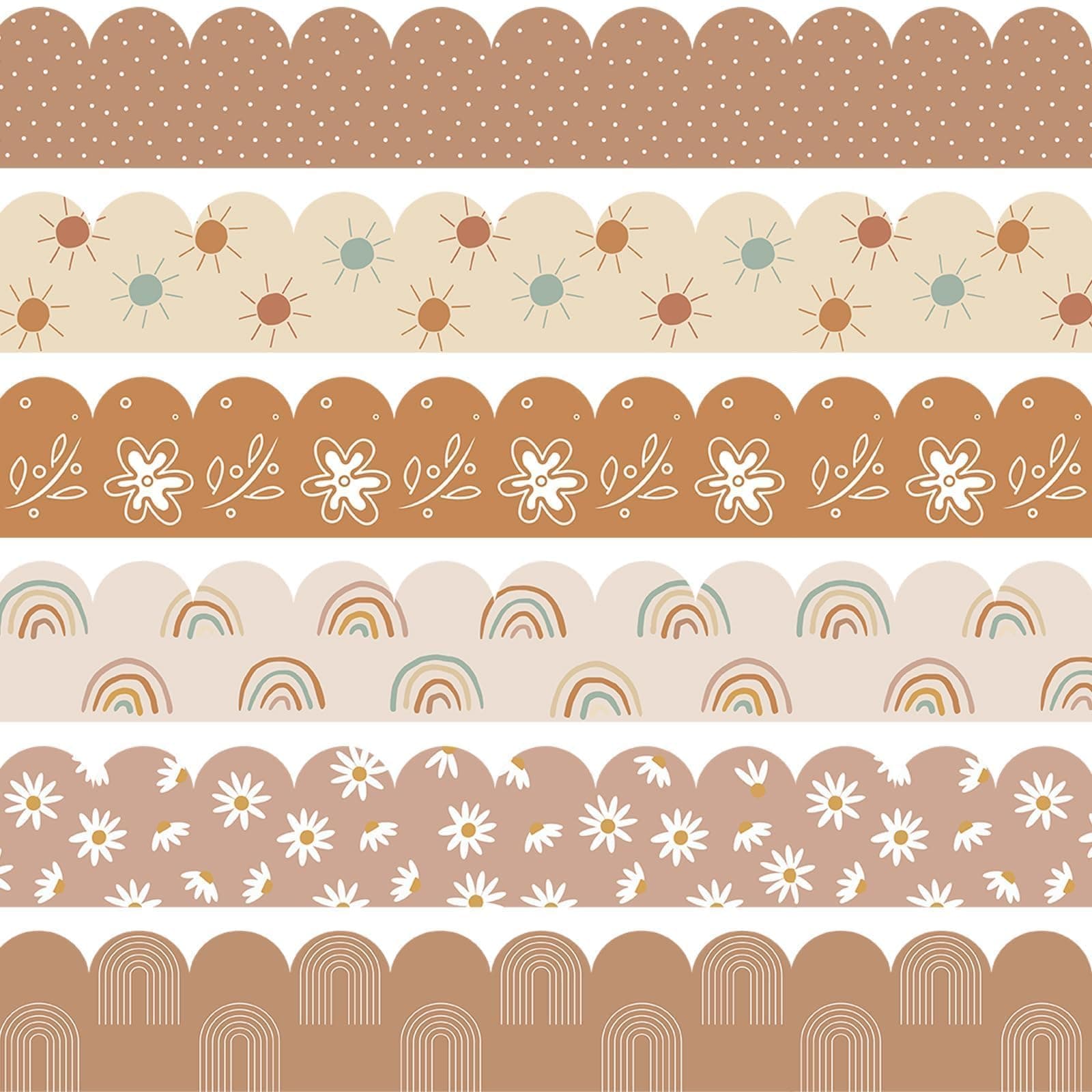 84Ft Boho Bulletin Board Borders, Boho Classroom Decorations, Retro Floral Daisy Sun Rainbow Dot Trim Borders for Teacher School Supplies Classroom Door Wall Decor, 6 Styles, Brown