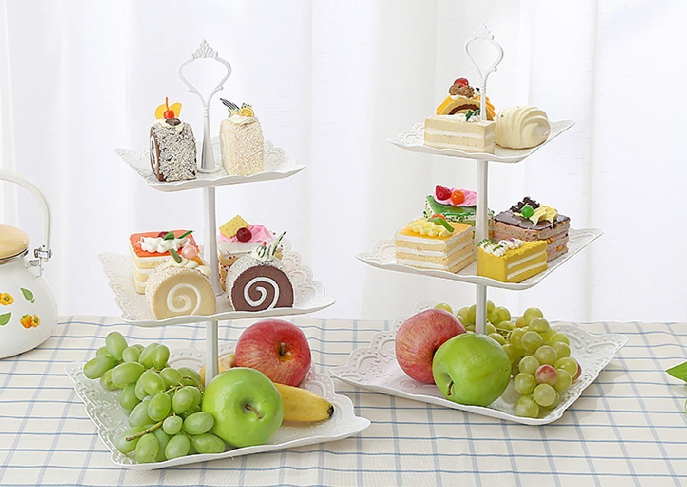 UHMei 3 Tier Square Plastic Imitation Ceramic Cake Stand - Table Centerpieces for Weddings, Tea Time, Dinner and Birthday Parties (2 Sets)