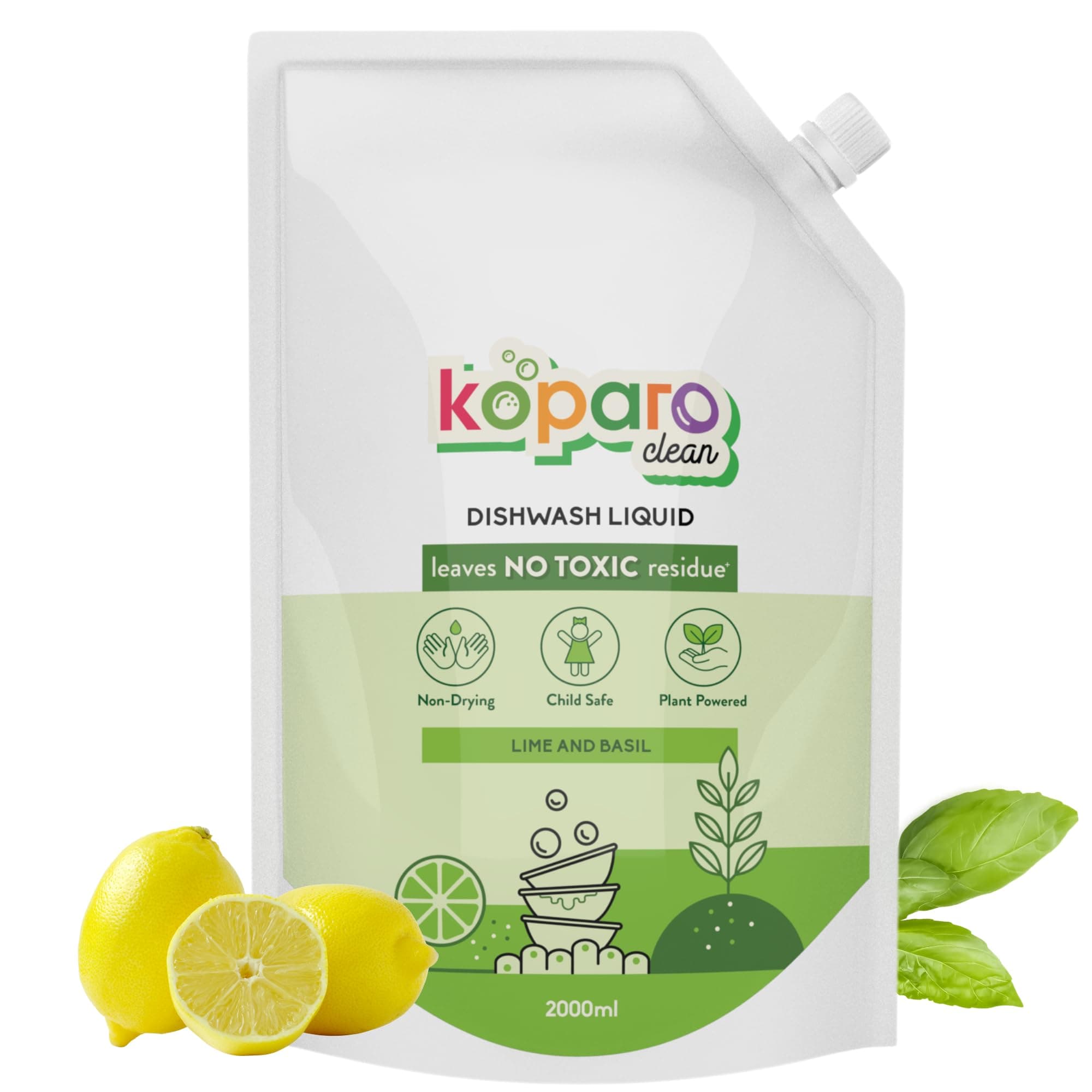Koparo Organic Dishwash Liquid | 2 Litres Refill Pack | Powerful Grease Cutting Dishwasher Liquid | Thick Foam Liquid Dishwash for Kitchen Utensils | Baby & Pet Safe | Lime & Basil Fragrance
