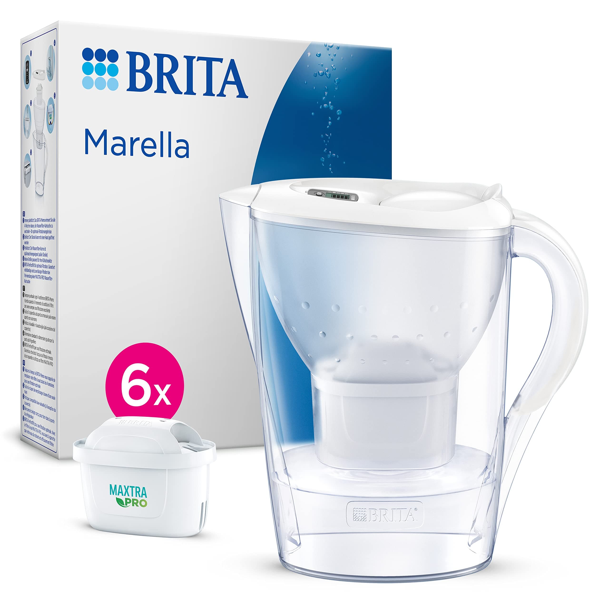 BRITA Marella Water Filter Jug White (2.4L) Half Year Pack incl. 6x MAXTRA PRO Pure Performance cartridge - fridge-fitting jug with digital LTI and Flip-Lid - now in sustainable Smart Box packaging