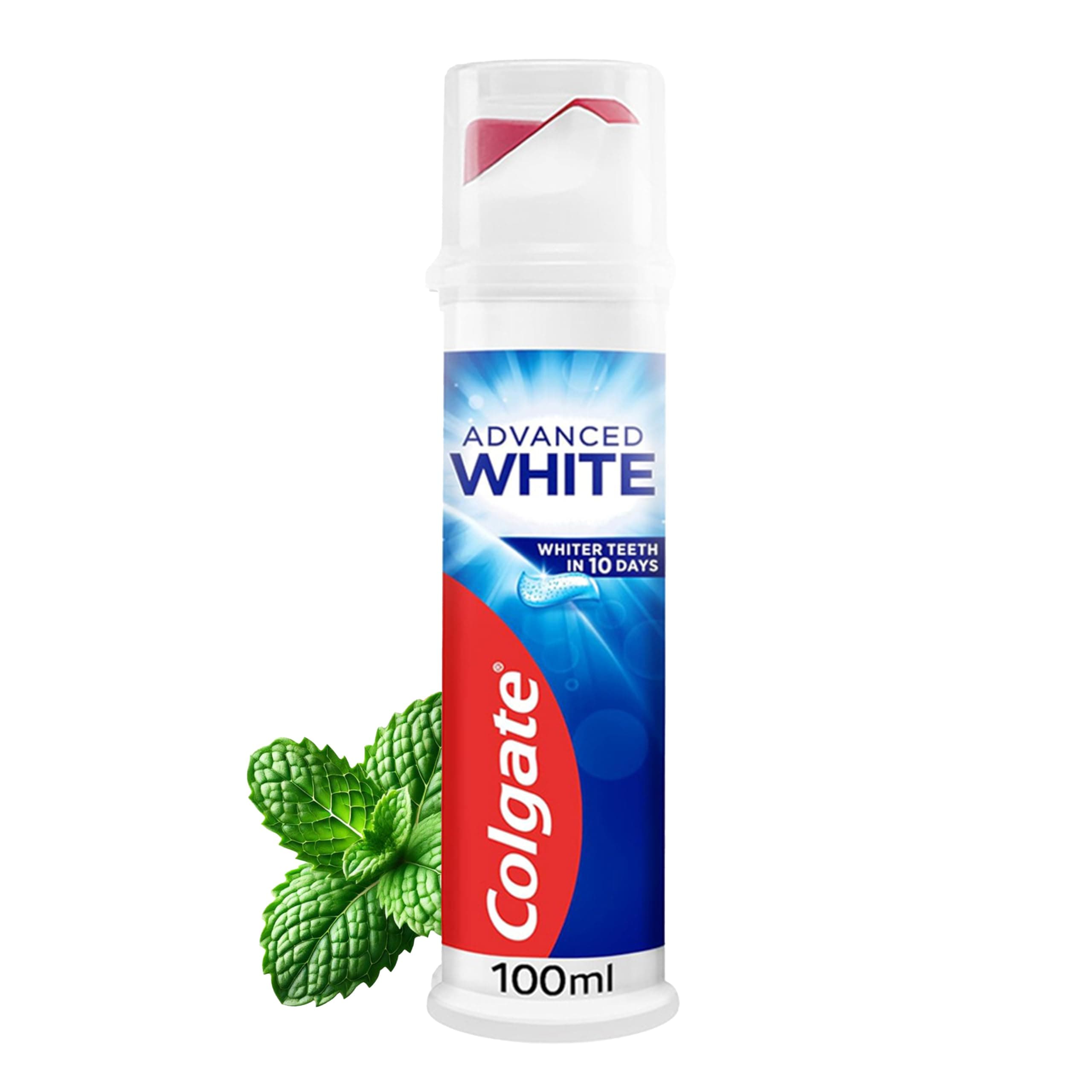 Colgate Advanced White Toothpaste Pump 100 ml - Teeth whitening toothpaste - With active micro-cleaning crystals - Enamel safe toothpaste - Whiter teeth in 10 days - Clinically proven whiter teeth