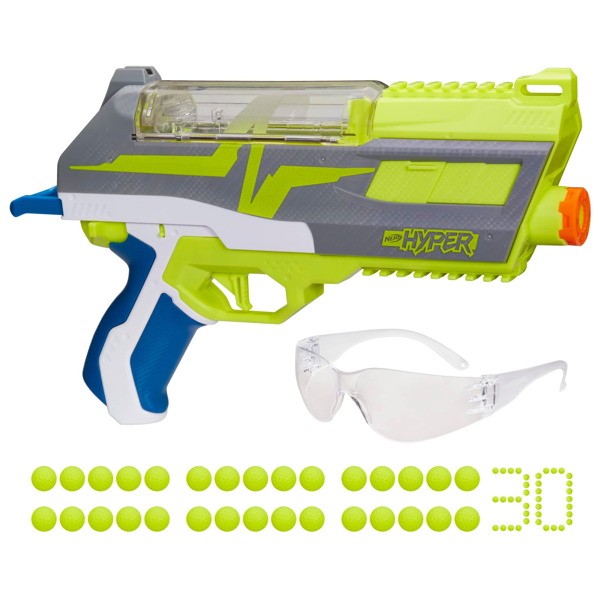 Hyper Impulse-40 Blaster, 30 Nerf Hyper Rounds, Spring-Open Instant Reload Hopper, Up to 110 FPS Velocity, Eyewear Included