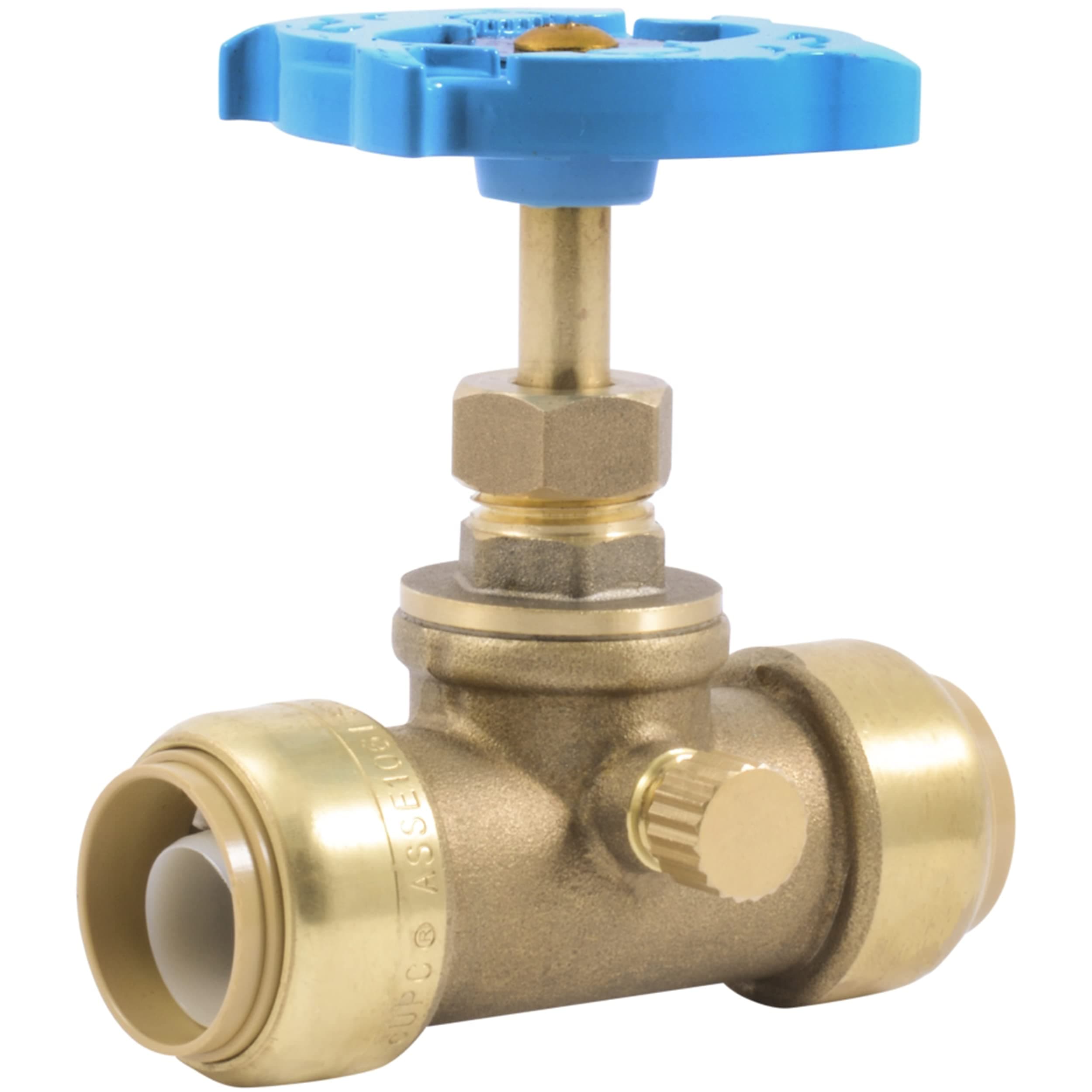 3/4 Inch Stop Valve with Drain and Vent, Push to Connect Brass Plumbing Fitting, PEX Pipe, Copper, CPVC, PE-RT, HDPE, 24635LF