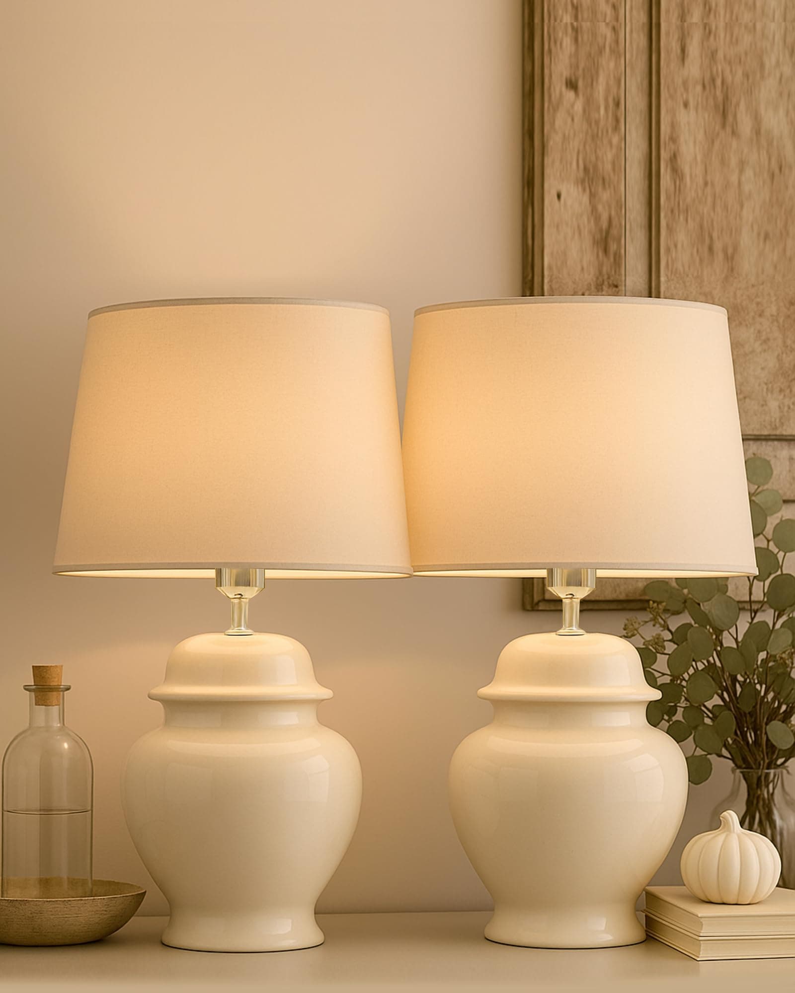 Ceramic Pot Shaped Base White Led Table Lamp Classic Desk Lamp For Living Room Bedroom, Farmhouse Nightstand Lamps Round, With Shade, (Khadi_ Pack Of 2)