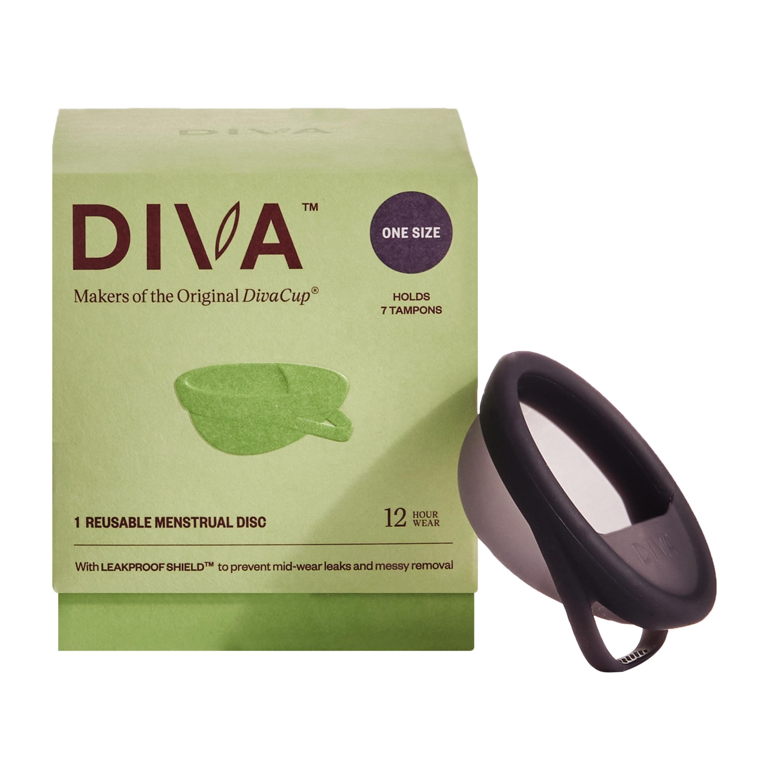 Diva Disc - Comfortable, Reusable Menstrual Disc with Leakproof Shield - Period Disc for Up to 12 Hours of Continuous Wear - 100% Medical Grade Silicone - Holds 7 Tampons of Flow - One Size Fits Most
