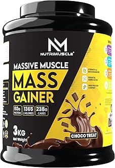 Nutrimuscle Massive Muscle Mass Gainer - 3 Kgs - Choco Treat (Chocolate) Flavour - for Mass, Muscle, Power & Strength Gain - Contains Complex Carbohydrates, Whey Protein, BCAA , Digestive Enzymes & Essential Vitamins & Minerals - Also Contains Nutrimuscle CREATINE MONOHYDRATE - High protein Gainer