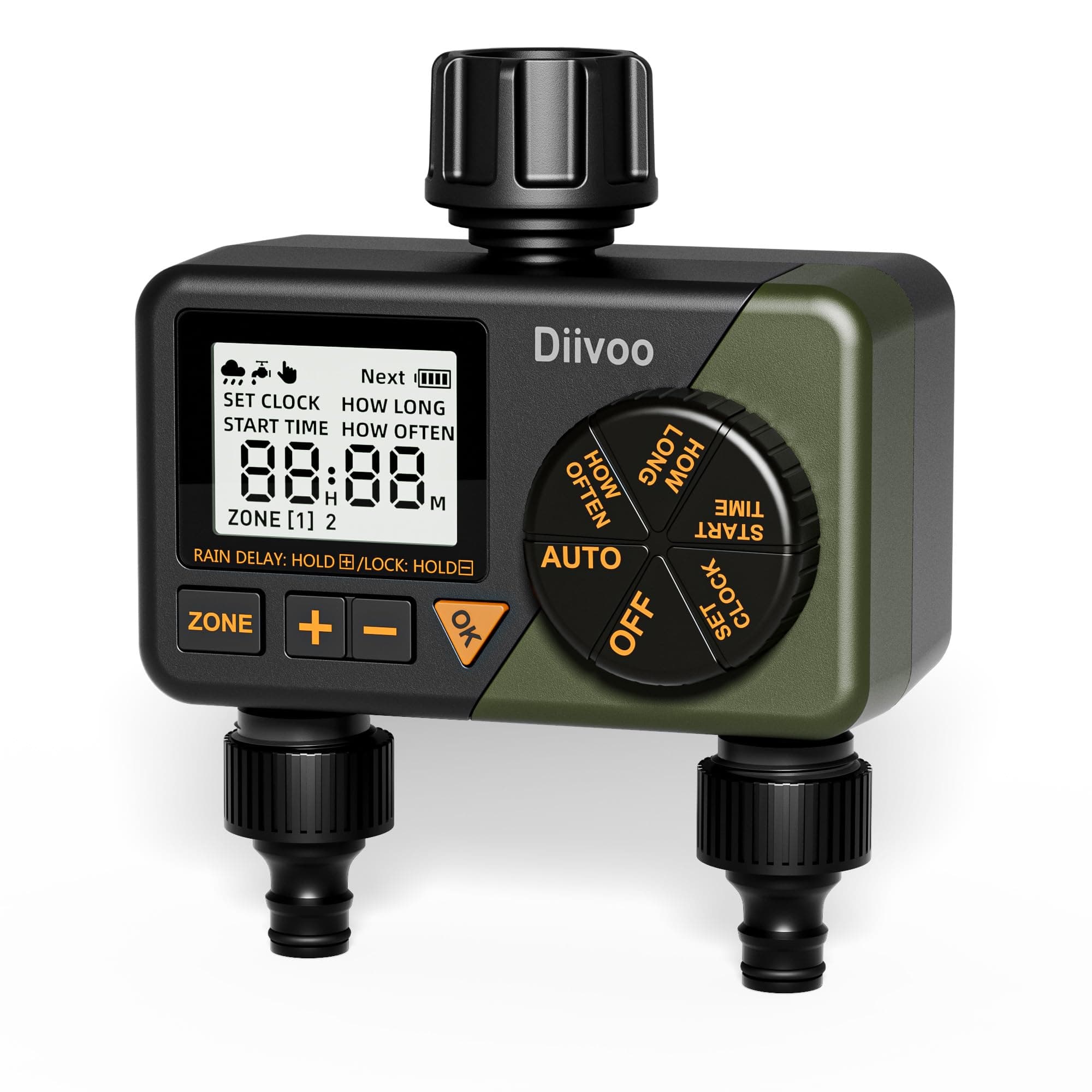 Diivoo Water Timer for Irrigation, Digital Automatic Hose Pipe Tap Sprinkler Timer 2 Outlets, Garden Watering Systems Controller With Rain Delay/Auto&Manual Mode for Lawn