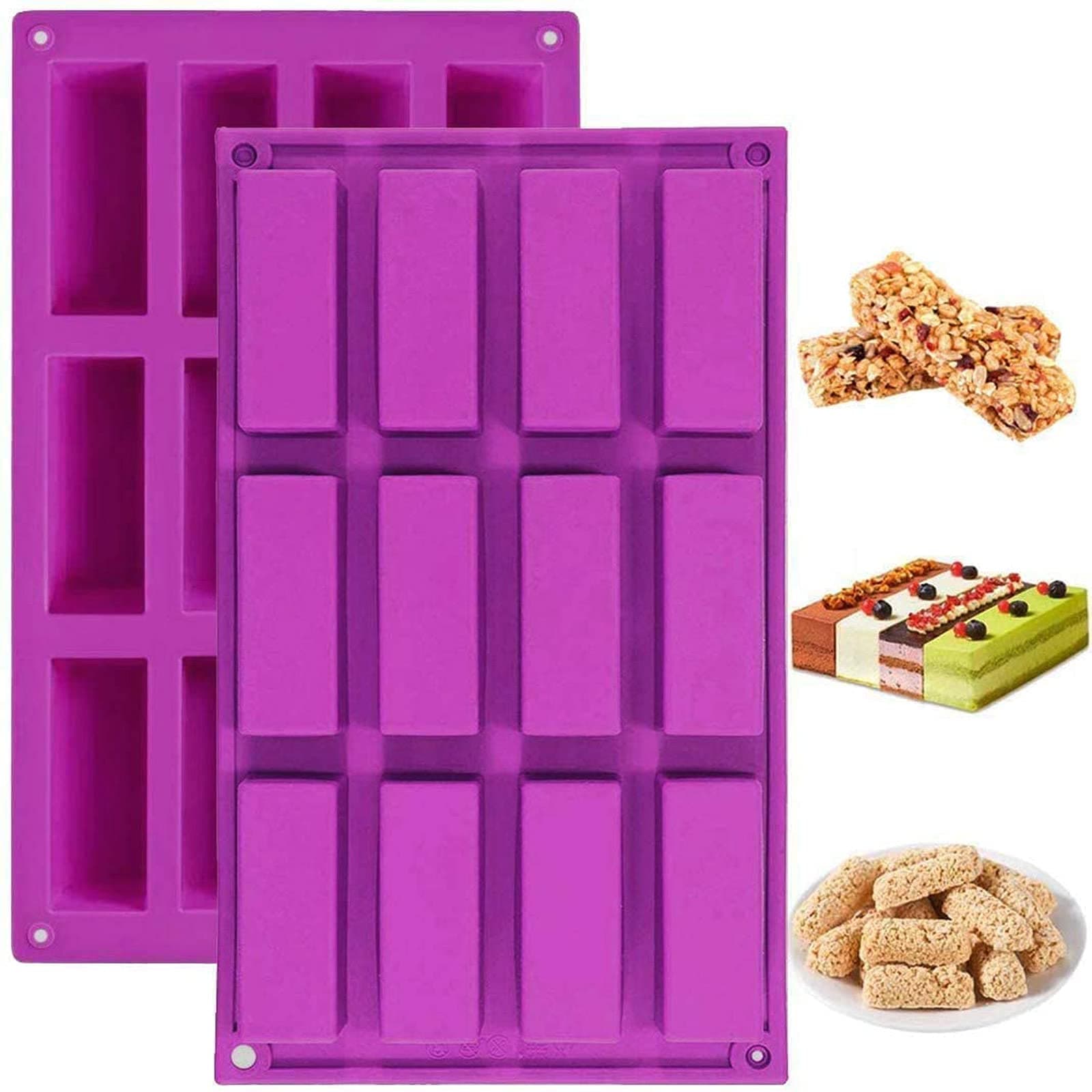 (2 Pack 12 Cavity Medium Narrow Silicone Rectangle Molds/Molds/Protein Bars mold/Energy Bars Maker for Caramel Bread Loaf Muffin Brownie Cornbread Cheesecake Pudding Soap Butter Mould