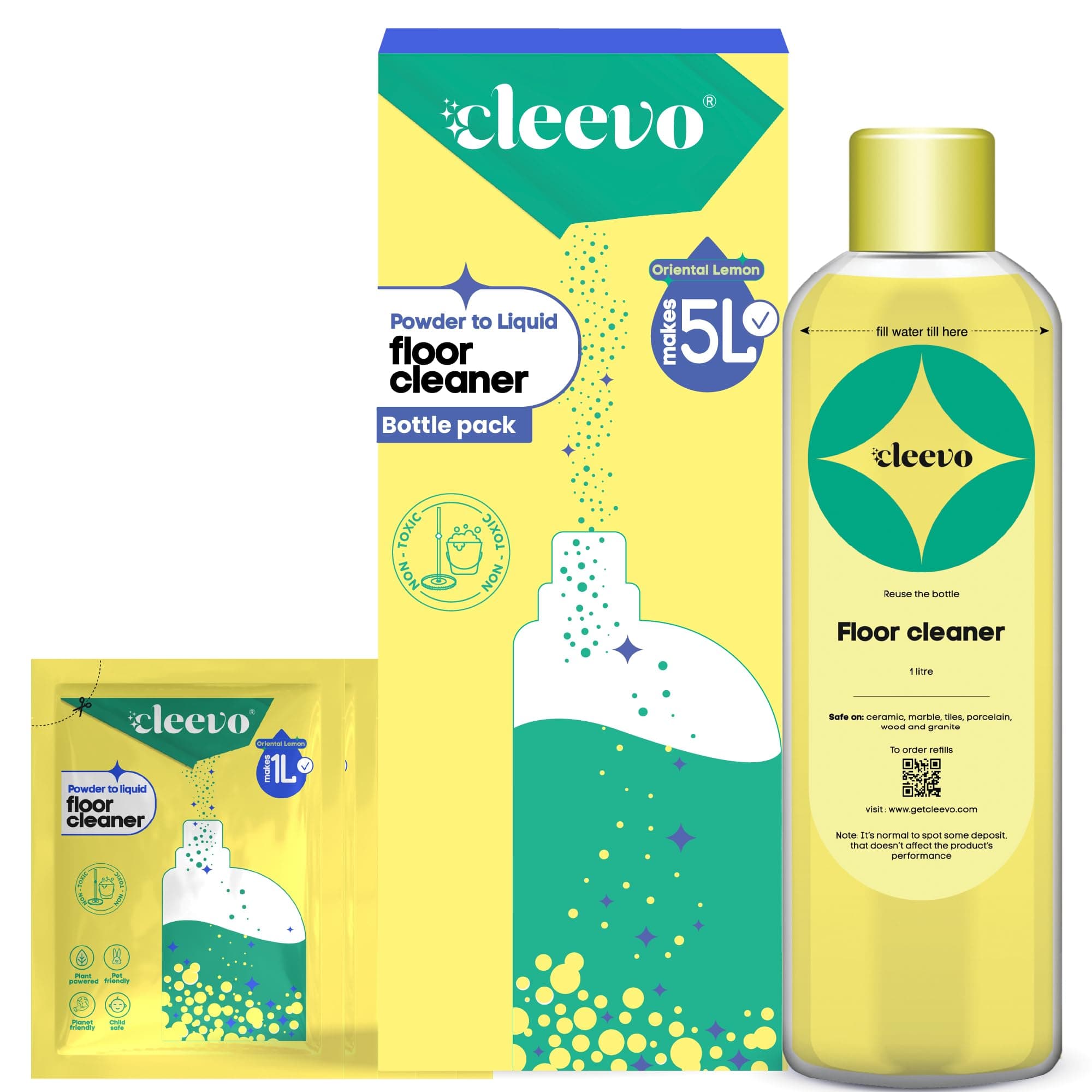 Cleevo Floor Cleaner Liquid (5L Bottle Pack) | 1 Pouch = 1L Natural Disinfectant Floor Cleaners for Mops | Chlorine-Free Surface Cleaner, Eco-Friendly All-Purpose Floor Cleaning Liquid (Zesty Lemon)