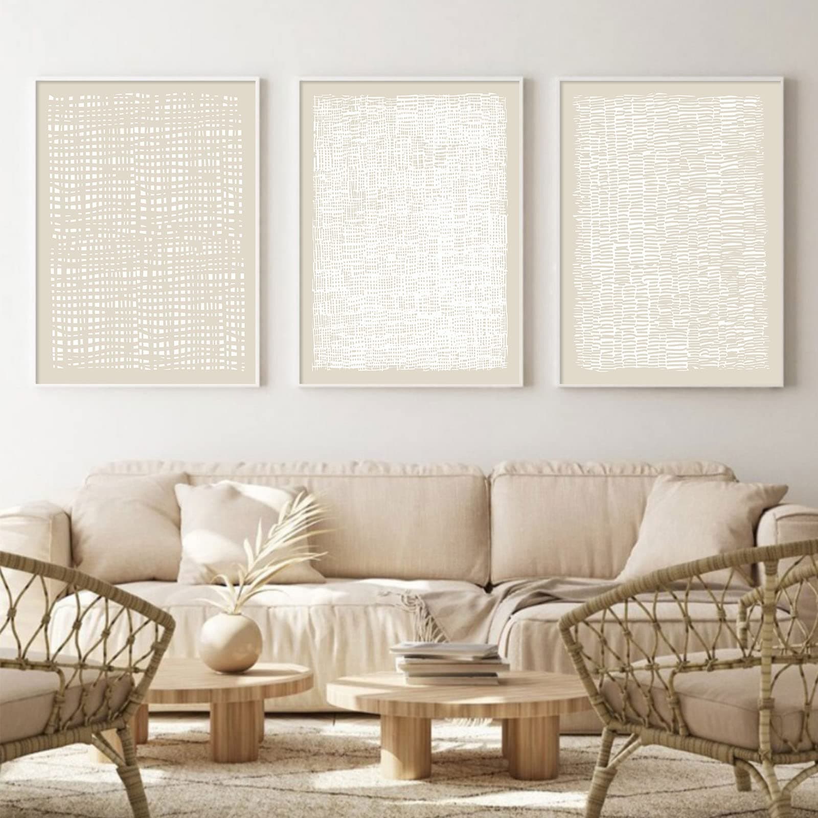 Abstract Beige Canvas Wall Art Boho Mid Century Modern Prints Line Art Paintings White Large Artwork Poster Neutral Minimalist Picture 16x24inchx3 No Frame