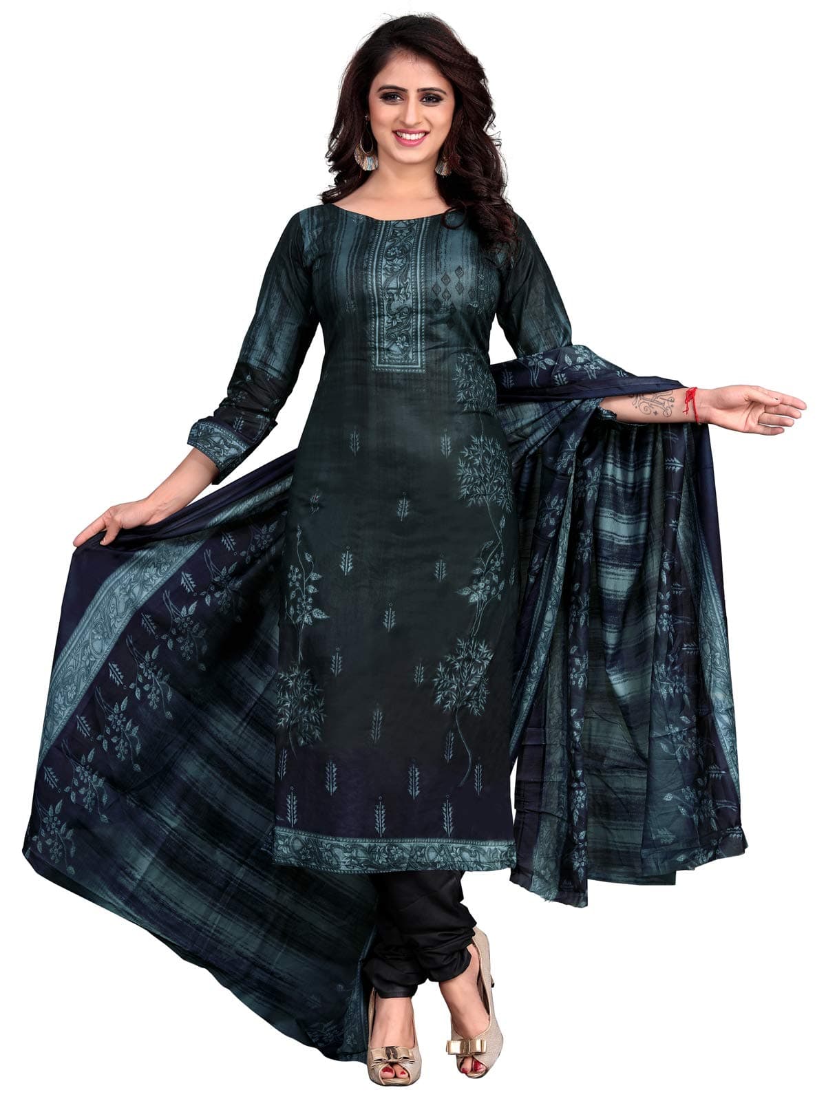 Satrani ಮಹಿಳೆಯರ ಹತ್ತಿಯ ಮುದ್ರಿತ ಹೊಲಿಯದ ಡ್ರೆಸ್ ಮೆಟೀರಿಯಲ್ - ಪಟಿಯಾಲ ಫ್ರೀ ಗಾತ್ರ ನೀಲಿ