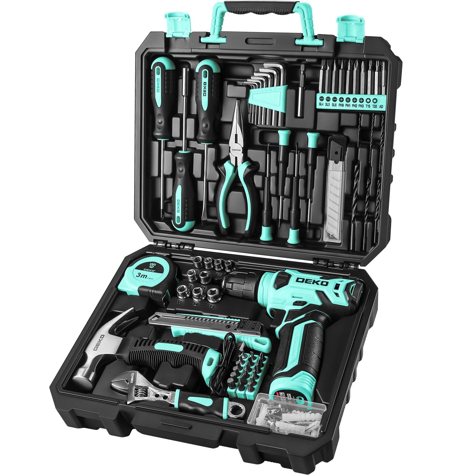 DEKOPRO Drill Set: Tool Set with 8V Cordless Drill, Home Tool Kit with Drill, Hand Tool Kits for Women 126 Piece, Turquoise