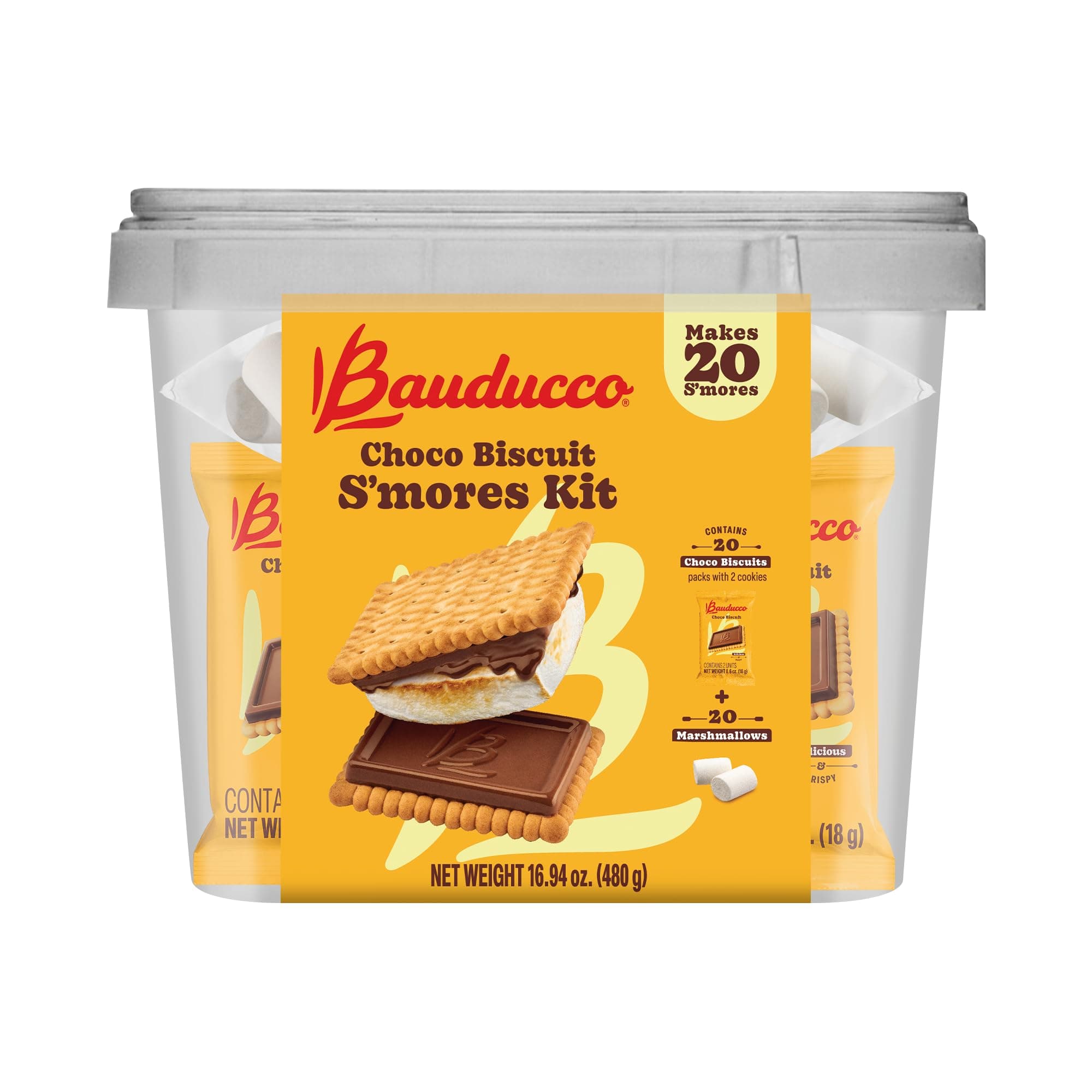Bauducco Choco Biscuit S’mores Kit, 16.94 oz (Pack of 20) - Individually Wrapped Packs with 2 Chocolate Biscuits & Marshmallows for Easy S’mores Making