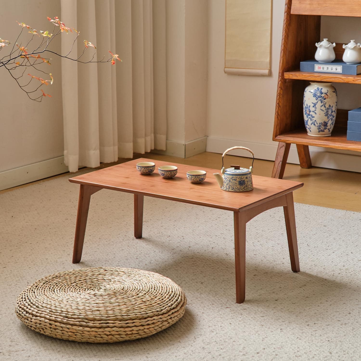 Japanese Floor Table No Assembly Required Bamboo Folding Walnut Coffee Table Bedroom Furniture Low Tea Table for Sitting on The Floor (Walnut, Small)