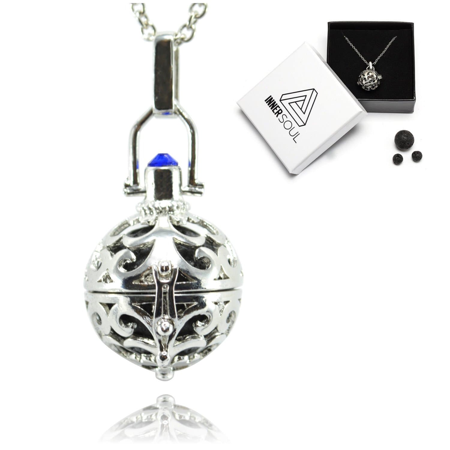 Elegant Lava Stone Aromatherapy Gem Essential Oil Diffuser Orb Necklace w/ Sapphire Jewel + Bead Set (29-inch chain)