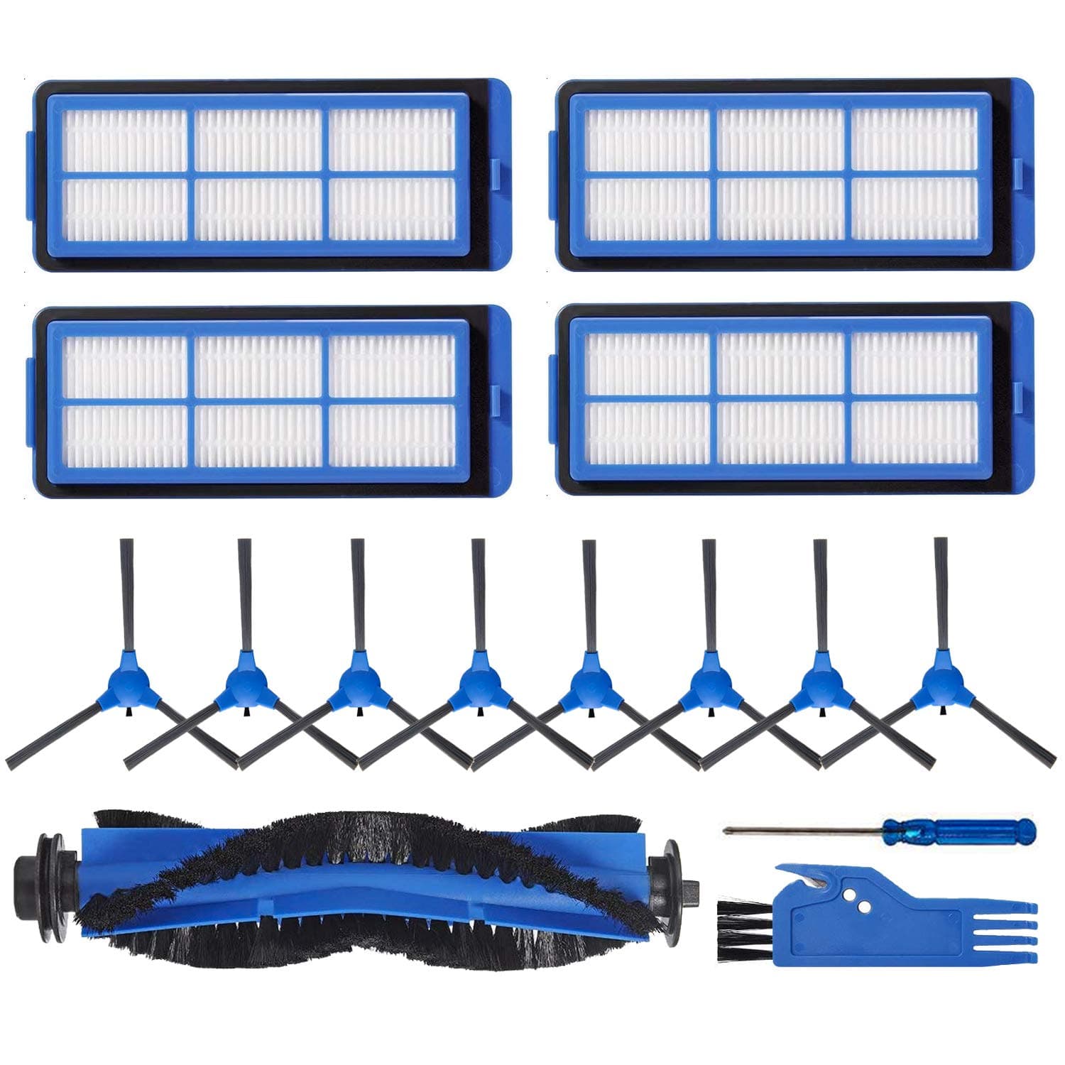 Robot Vacuum Cleaner Replacement Kit for Eufy RoboVac 11S Max, RoboVac 15C Max, RoboVac 30C Max, Including 1 Main Brush, 8 Side Brushes, 4 Filters, Free Blue Cleaning Brush