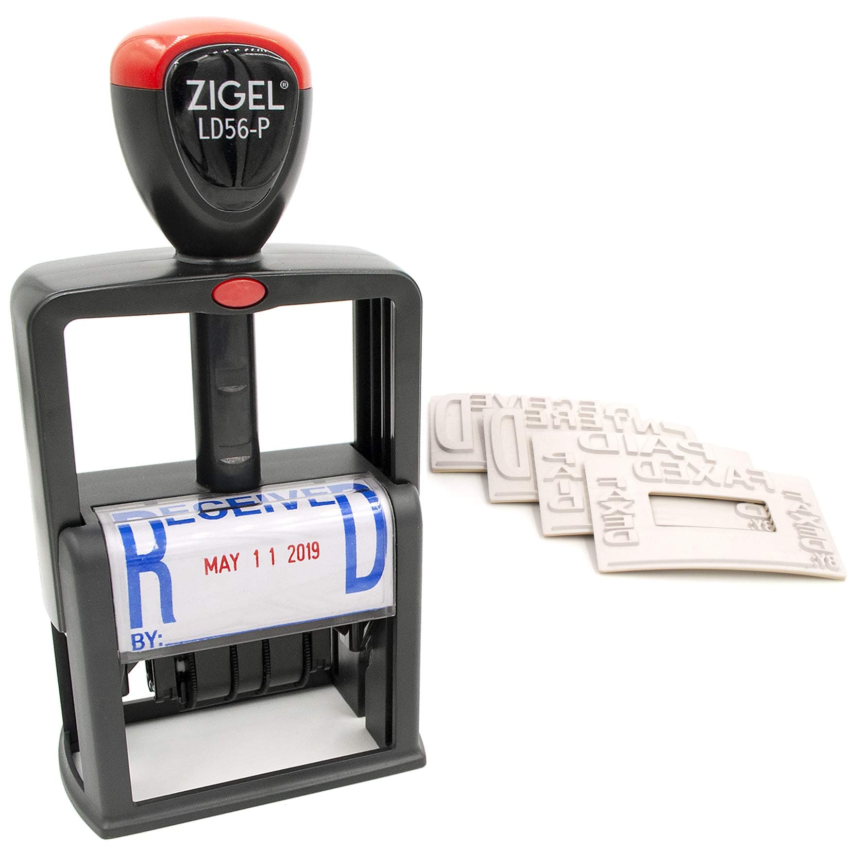 ZIGEL 5-In-1 Date and Message Stamp, Self-Inking, ENTERED, PAID, RECEIVED, FAXED - Blue/Red 2 Color Ink