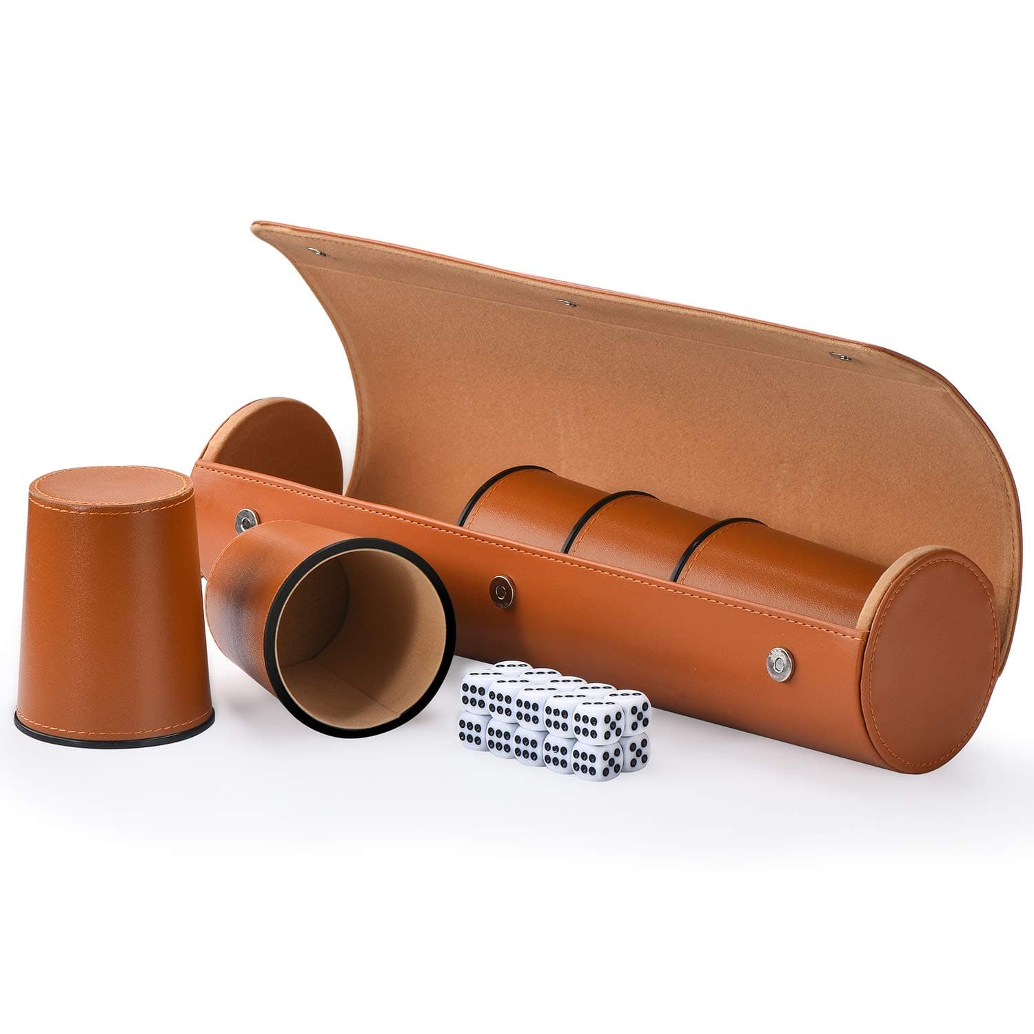 Leather Dice Cup Set, 5 Black Dice Cups + 25 Dices + Exclusive Storage and Transport Case Made of Faux Leather (Orange)