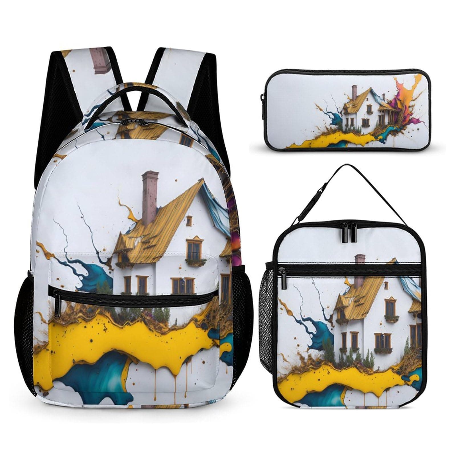 BNSSJAVS Backpack 3Pcs Set, School Bookbag Set with Lunch Box and Pencil Case for Boys Girls Teens - Mountain Man, House Art Pattern 6