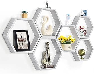 NORCEESAN Hexagon Floating Shelves Set of 6 Honeycomb Shelves Wooden Farmhouse Hexagonal Shelf for Wall Decor Hanging Shelves Honeycomb Storage Shelf for Bedroom Living Room Nursery, Grey-White