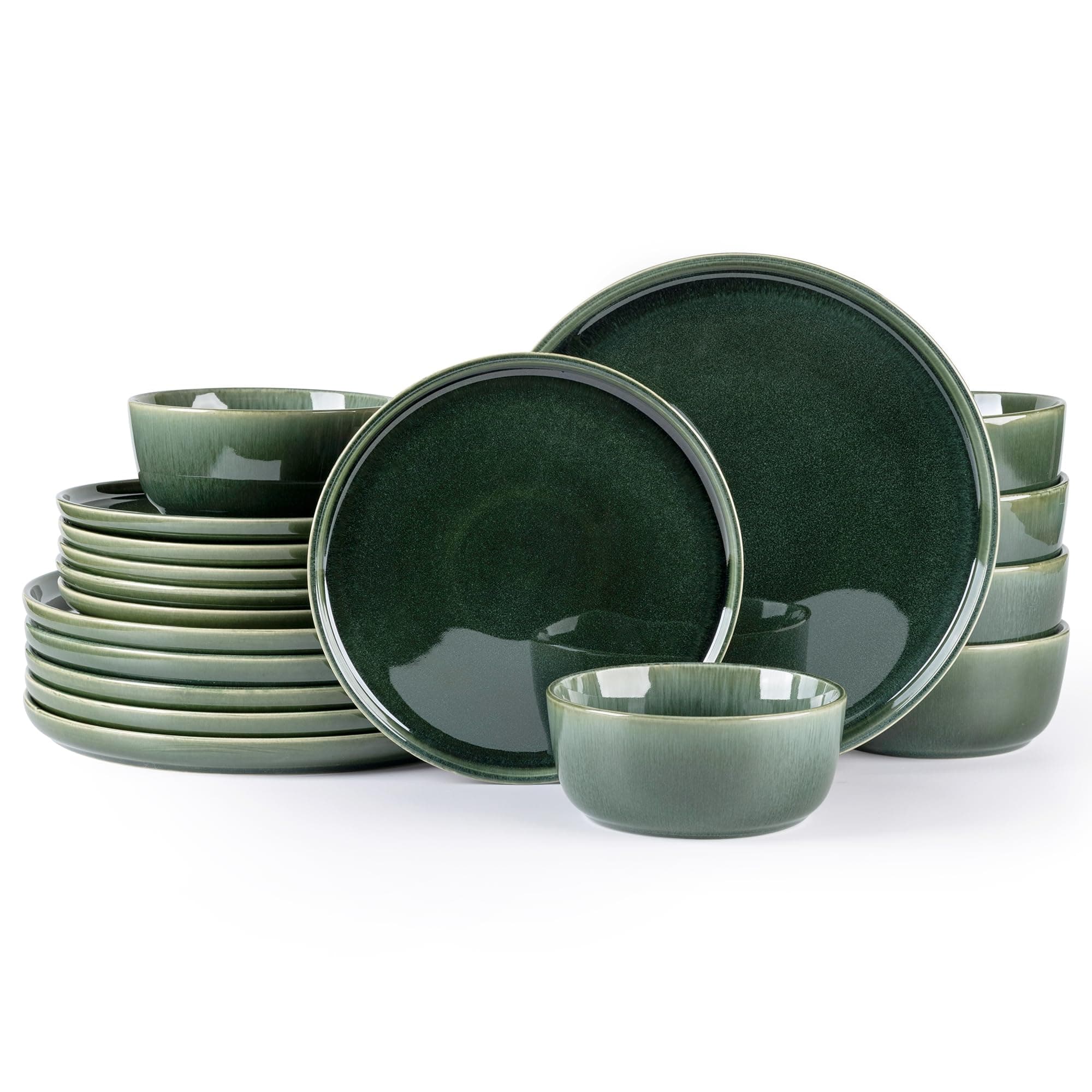 GBHOME Ceramic Dinnerware Sets for 6, 18 Pieces Stoneware Plates and Bowls Sets, Reactive Glaze Dishes -Scratch Resistant, Dishwasher&Microwave Safe, Earth Green