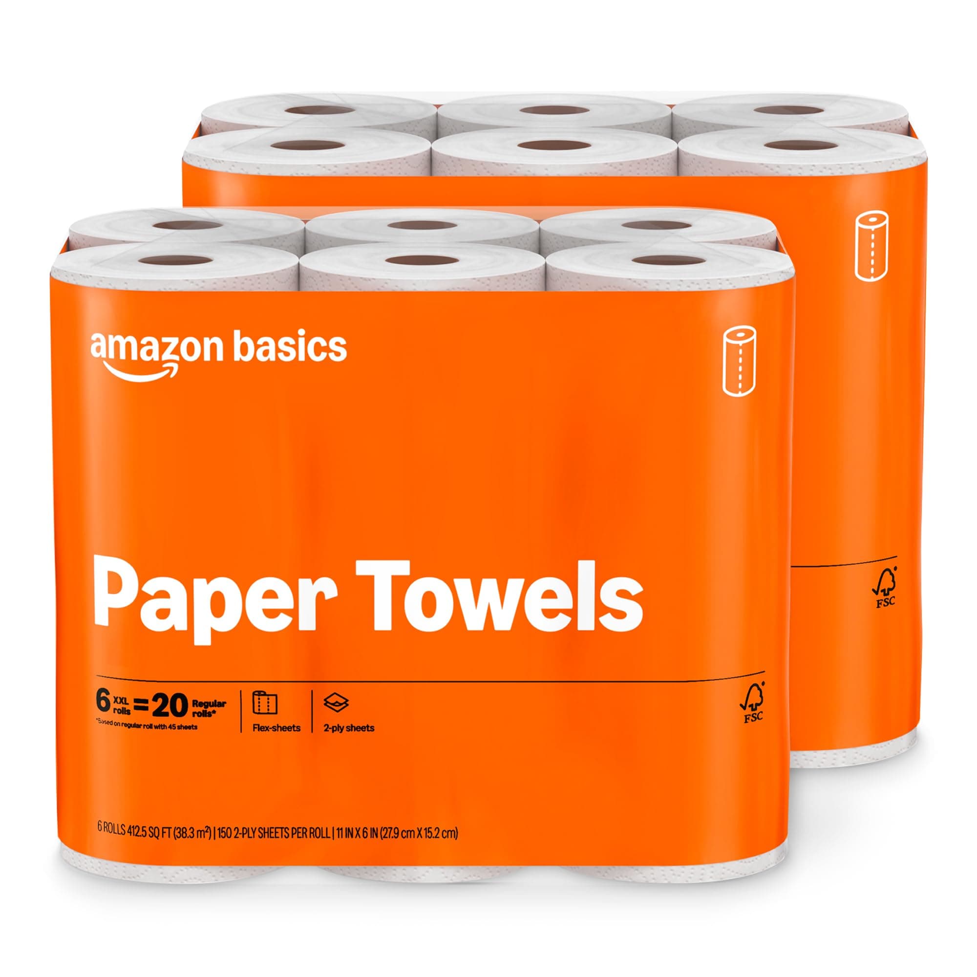 Amazon Basics 2-Ply Flex-Sheets Paper Towels, 12 Basics Rolls = 40 Regular Rolls, Everyday Value with 150 Sheets per Roll, Packaging May Vary