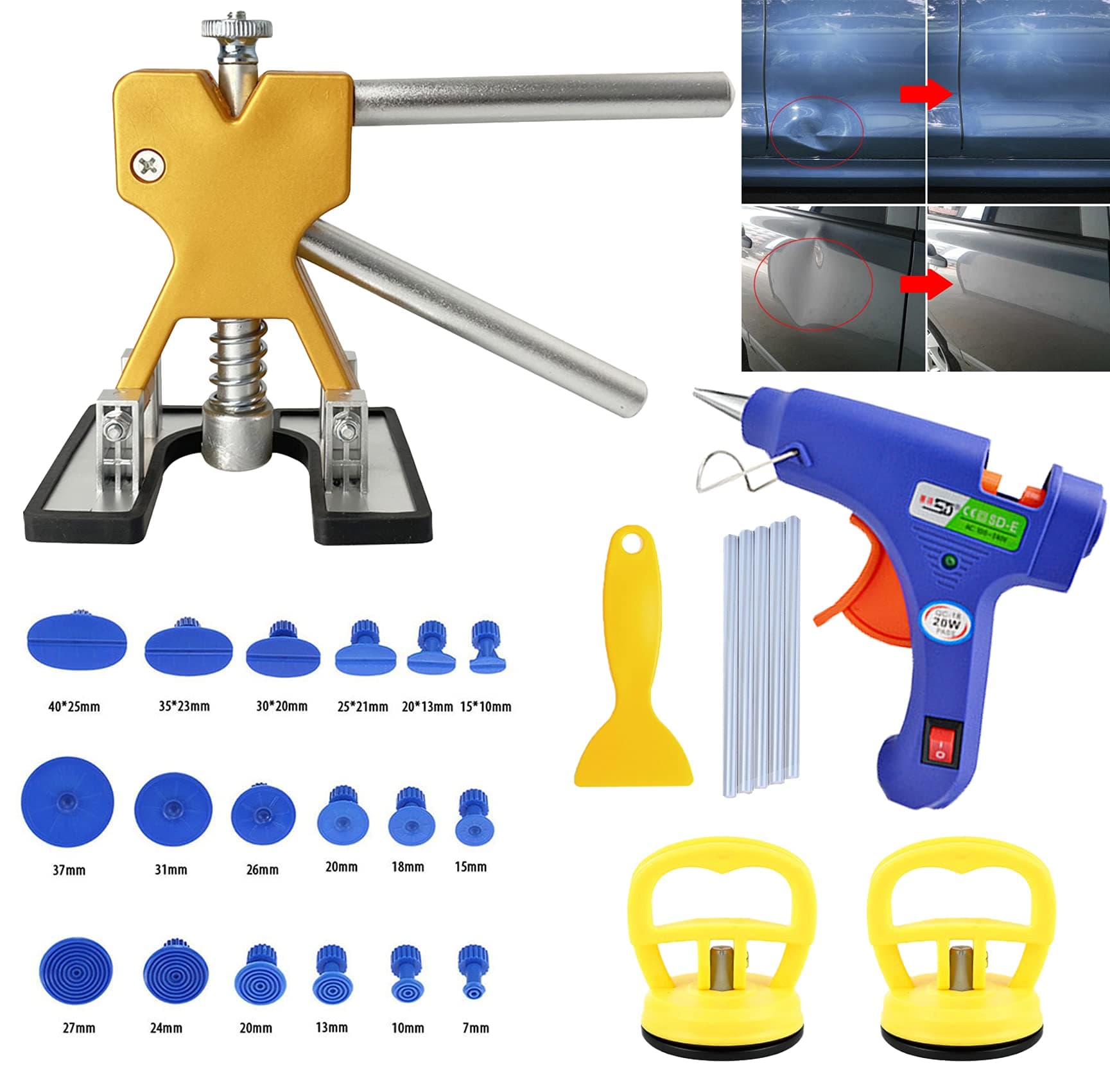 S-SNAIL-OO Car Dent Puller Repair & Remover Tool Set, Paintless Golden Dent Lifter Puller ，for Auto Body Hail Damage and Door Dings Repair ，with 2 pcs Dent Puller Suction Cups (B)