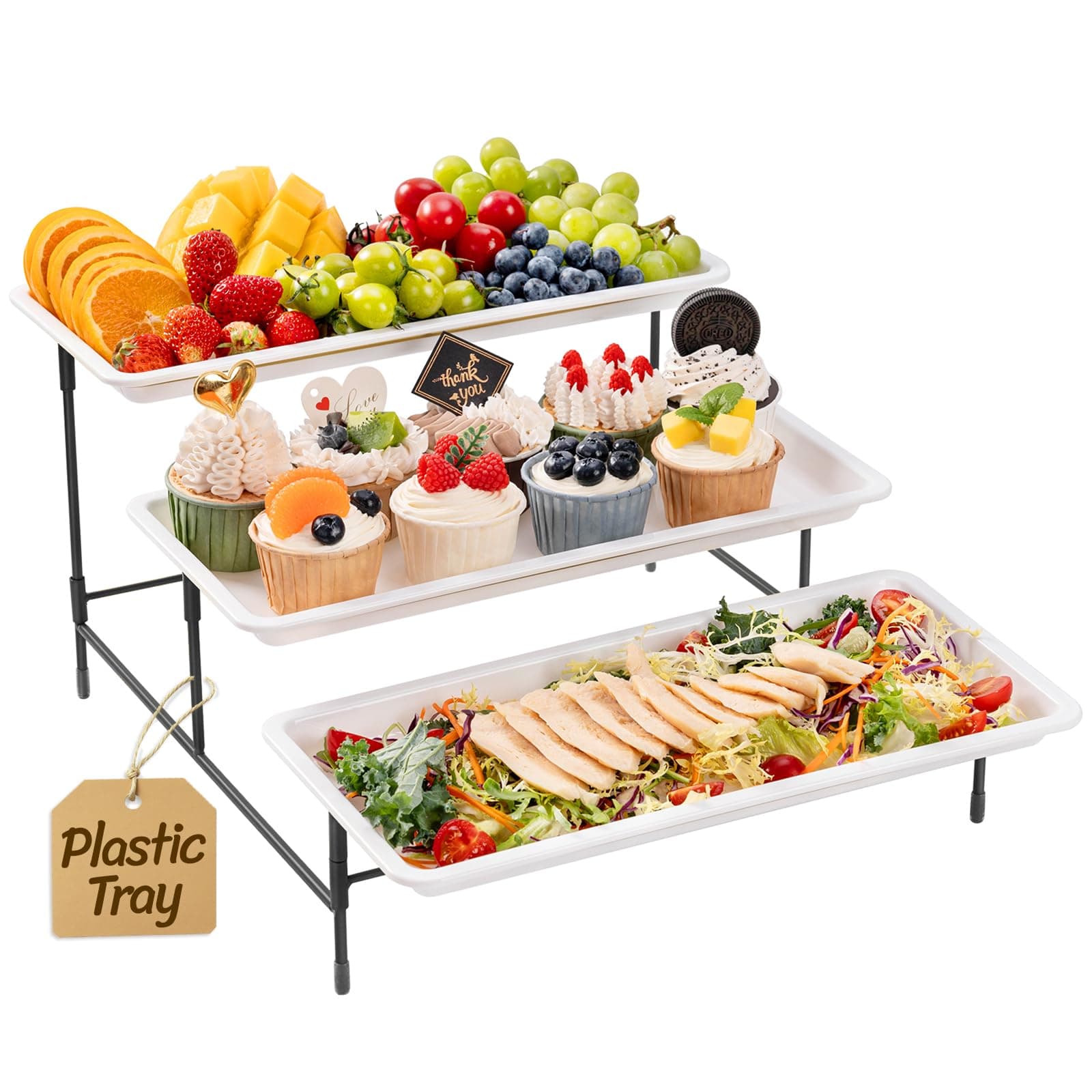 Lifewit 3 Tier Serving Tray, 36 x 17 cm/14 x 6.5 White Plastic Tiered Food Serving Platters, Tiered Tray Stand for Party with Black Collapsible Metal Stand, Dessert Display Stand for Cookies/Crackers
