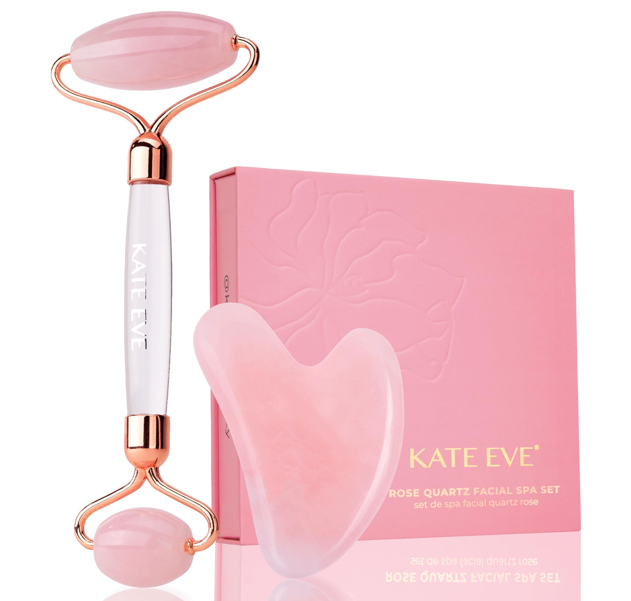 Rose Quartz Roller & Gua Sha Set – Luxury Facial Spa Gift for Women | 100% Natural Brazilian Rose Quartz | De-Puffing Skincare Tool