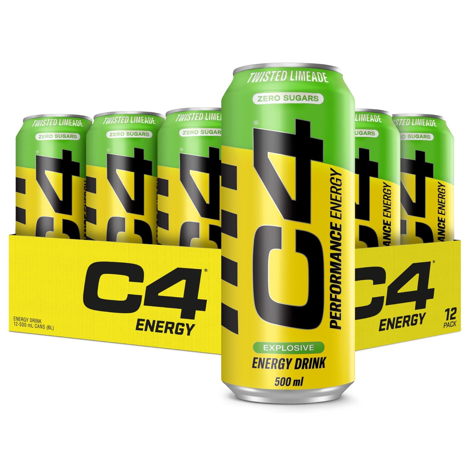 Cellucor C4 Performance Energy Pre-Workout Carbonated Drink with Beta-Alanine, Zero Sugar, Twisted Limeade Flavor, 500ml Pack of 12