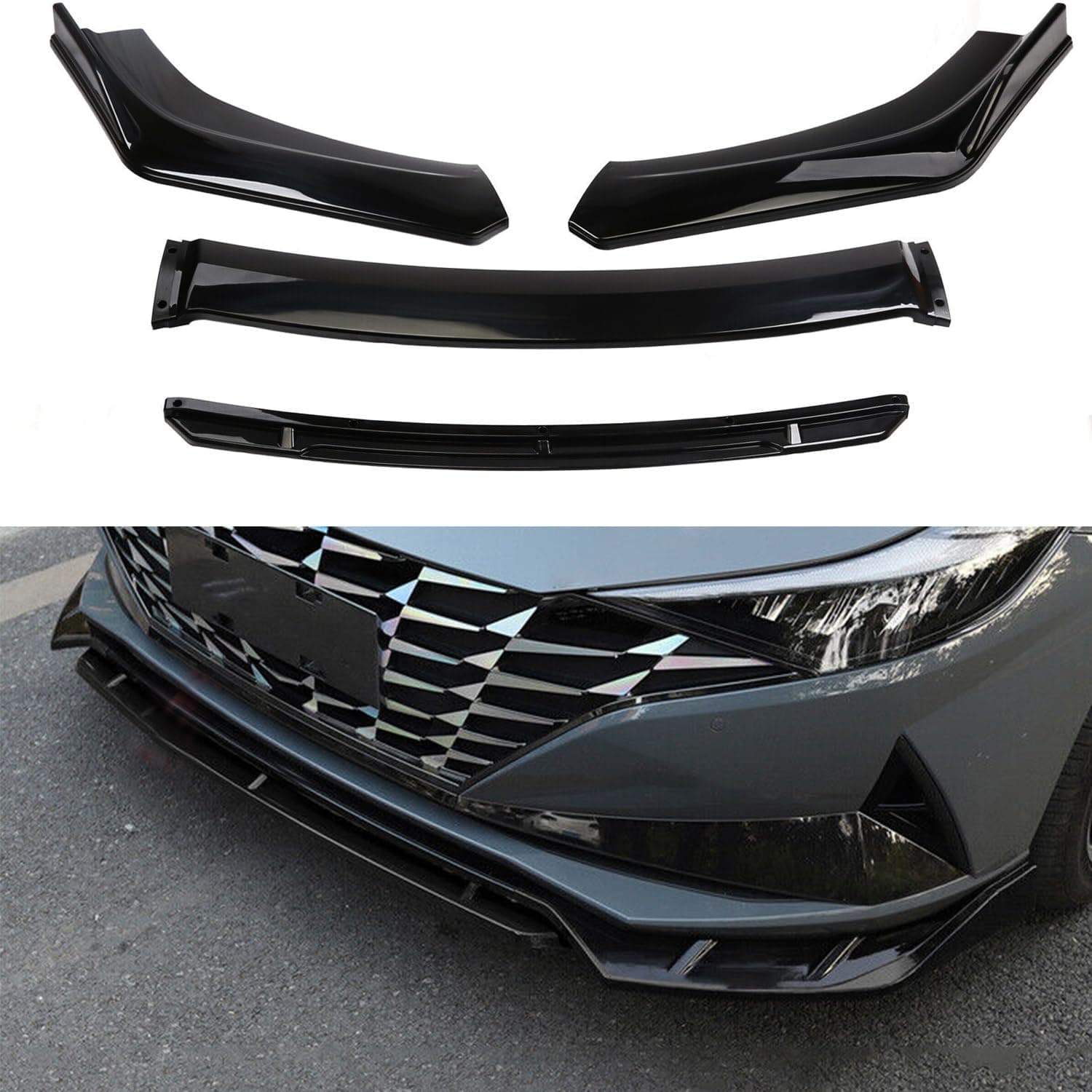 4PCS Glossy Black Front Bumper Body Kit Chin Spoiler Front Lip Spoiler Compatible with 2021 2022 2023 Hyundai Elantra