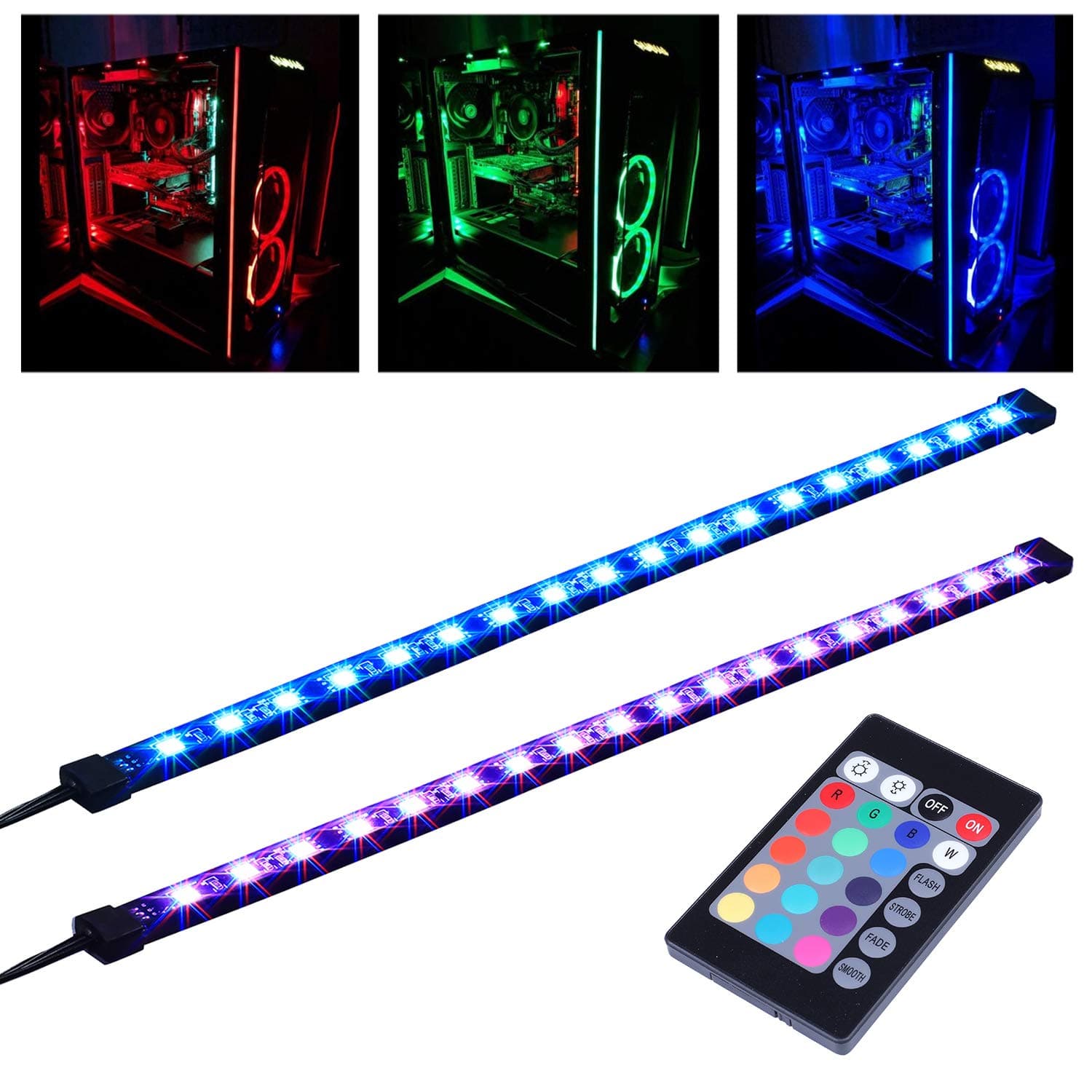 Ubanner DS-R01 Full Kit RGB LED Strip Computer Lighting via Magnet with 24 key Remote Controller for Desktop Computer Case Mid Tower Full Tower (5050 SMD 2pcs 18leds 30cm R Series