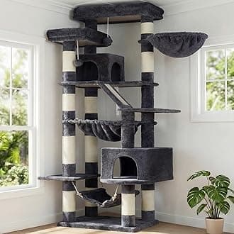 Heybly Cat Tree，71-Inch Tall Tower for Indoor Cats with 2 Perches, 2 Big Condos, 2 Hammocks, Basket, Scratching Pad，Large Cat Furniture and Condo, Smoky Gray HCT034G