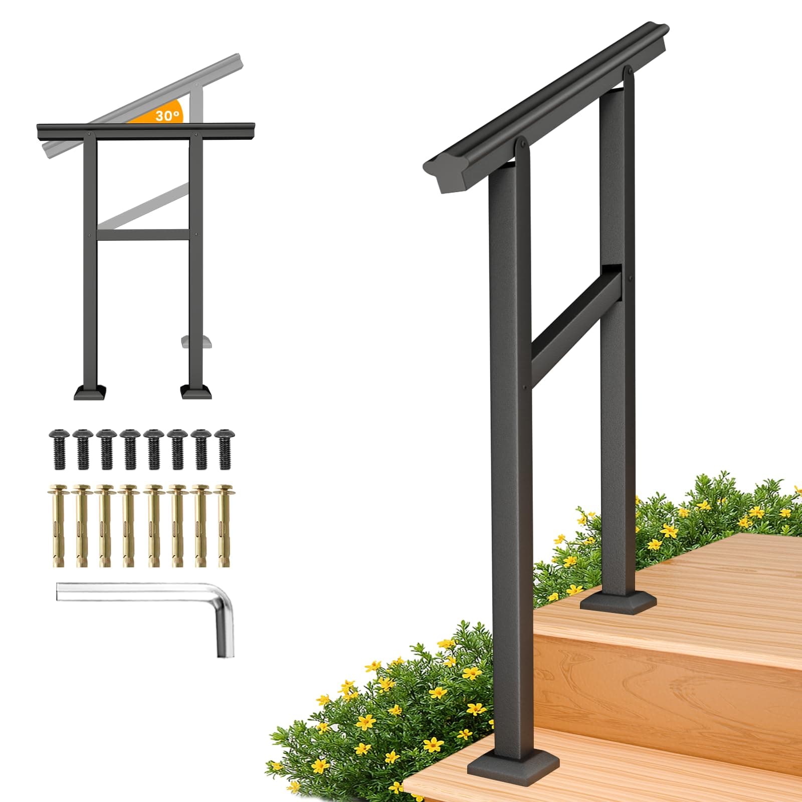 SPACEEUP Hand Rails for Outdoor Steps,2 Step Handrail,24" x 34" Fits 0 to 2 Steps, Outdoor Stair Handrail Kit, Black Railings for Outdoor Steps for Porch Deck,Hand Rails for Seniors