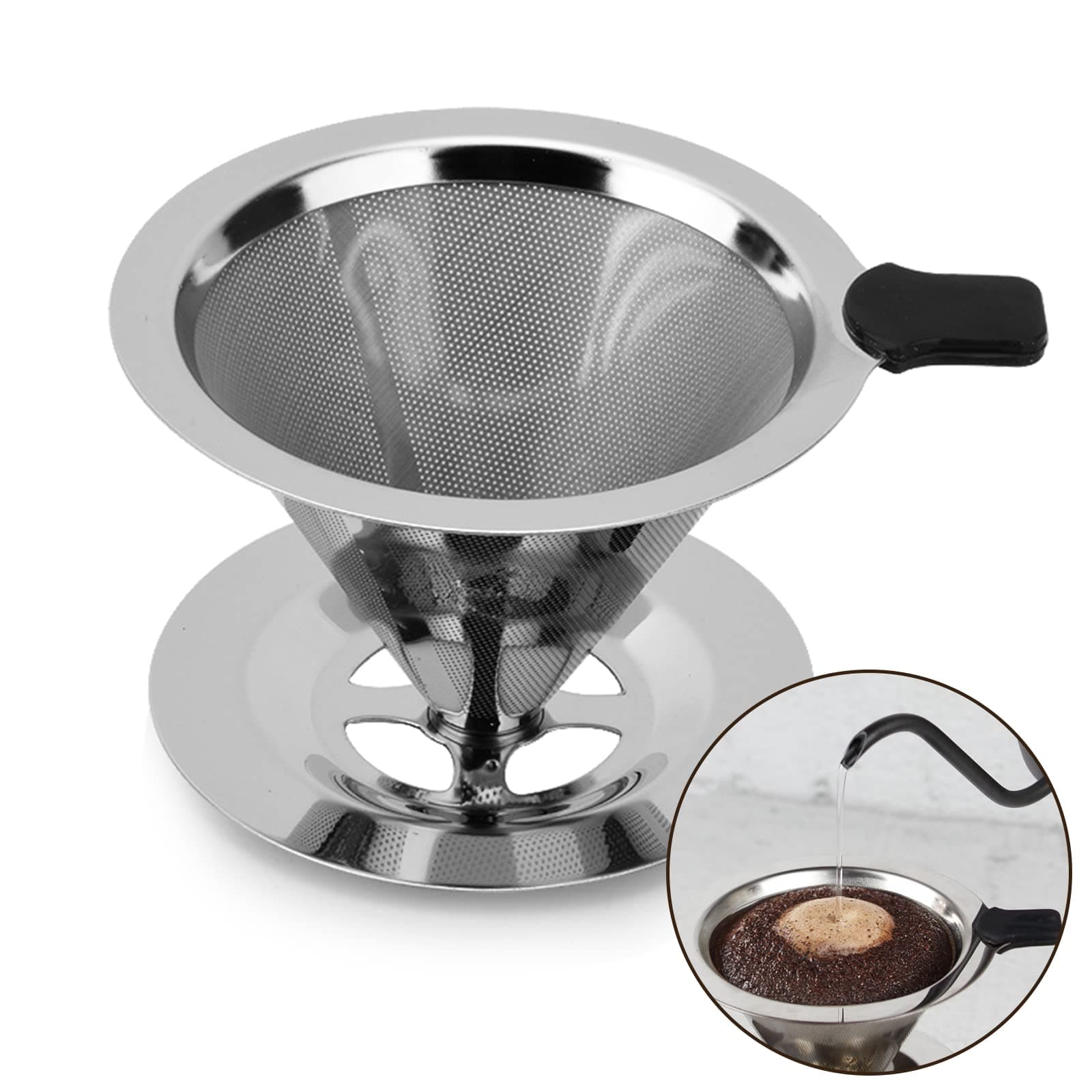 Coffee Filter, Reusable Stainless Steel Mesh Dripper, Permanent Pour Over Coffee Dripper, Paperless Drip Cone Coffee Filter with Holder Kitchen Tools for Manual Coffee Maker, 1-4 Cups