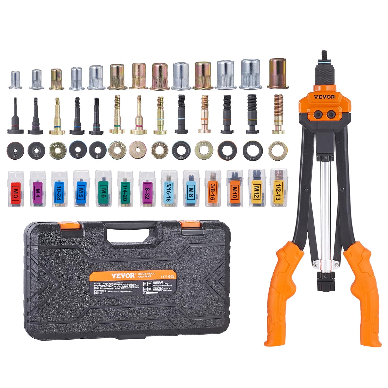 Rivet Nut Tool, 16 inch Rivnut Tool Kit with 13PCS Metric and SAE Mandrels, 186PCS Rivet Nuts, Semi-auto Retraction, M3, M4, M5, M6, M8, M10, M12, 1/4-20, 5/16-18, 3/8-16, 1/2-13, 8-32, 10-24