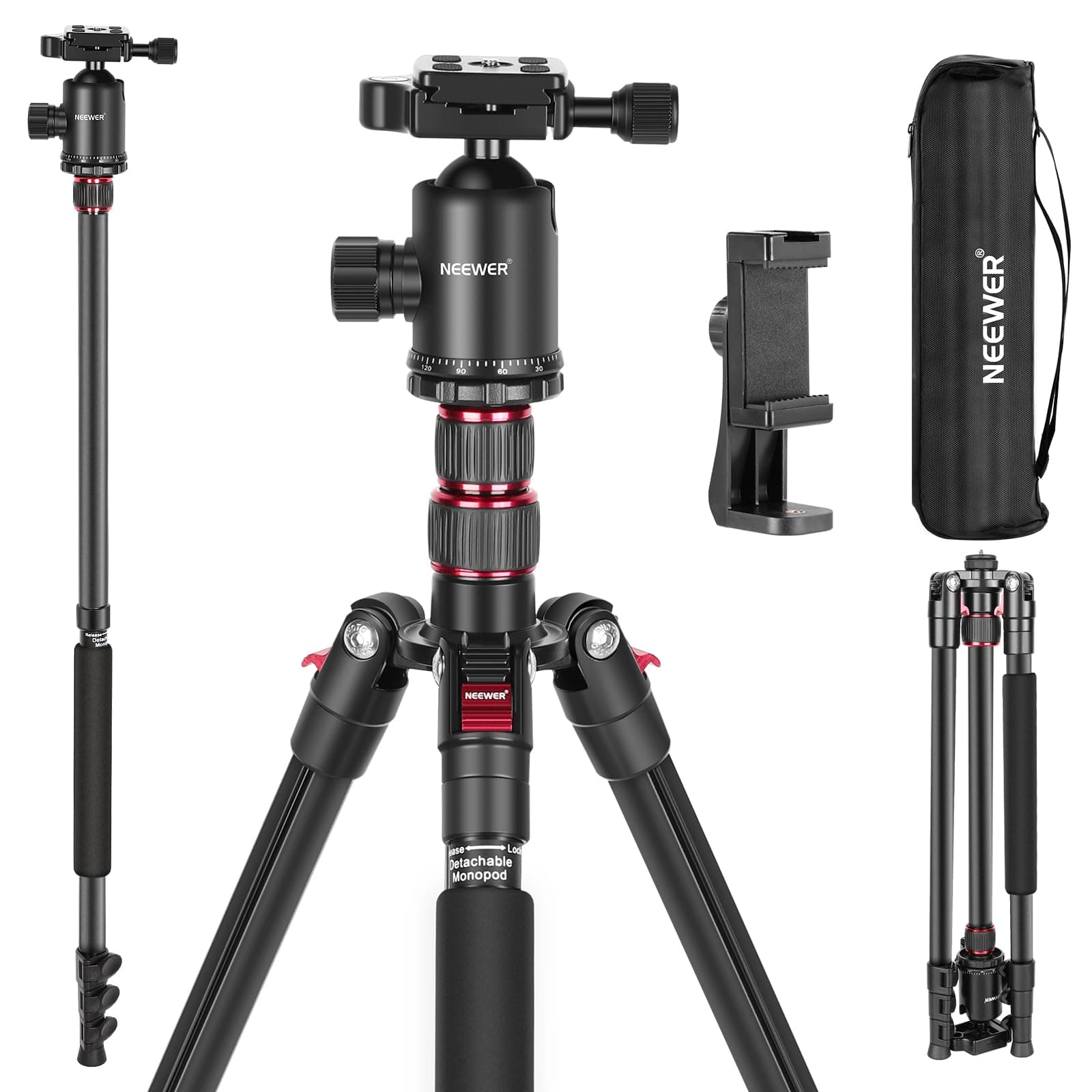 77" Tripod Monopod for DSLR Camera, Phone Holder Compatible with 16 15 Pro Max Plus, Lightweight Aluminum Travel Tripod w/ 360° Ball Head, 2 Axis Center Column, Arca Type QR Plate, Bag