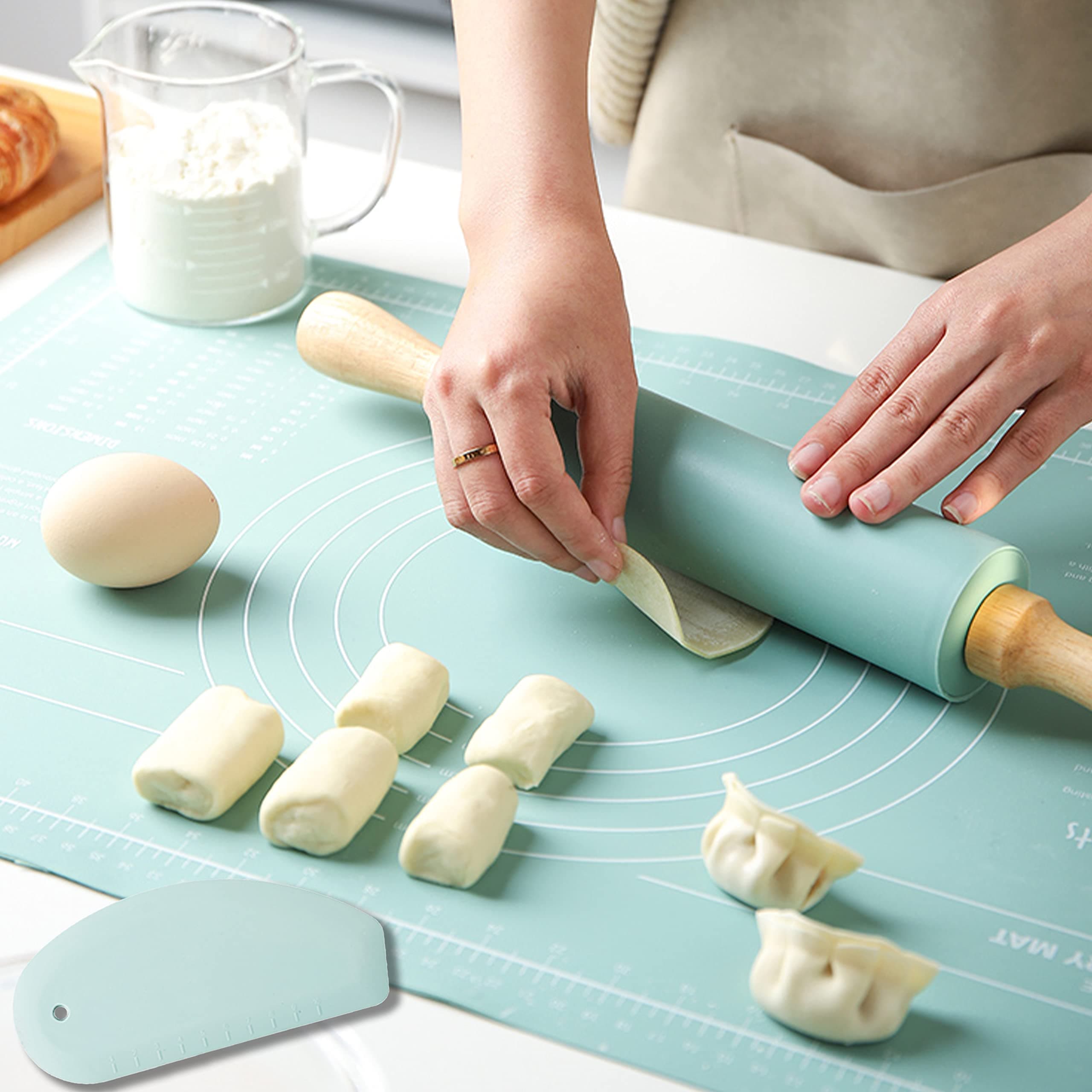 65*45cm Silicone Baking Mat+Rolling Pin+Dough Cutter 3 Pcs,Non-stick,Skidproof,Large Size,Waterproof,Measurement, Mint Green