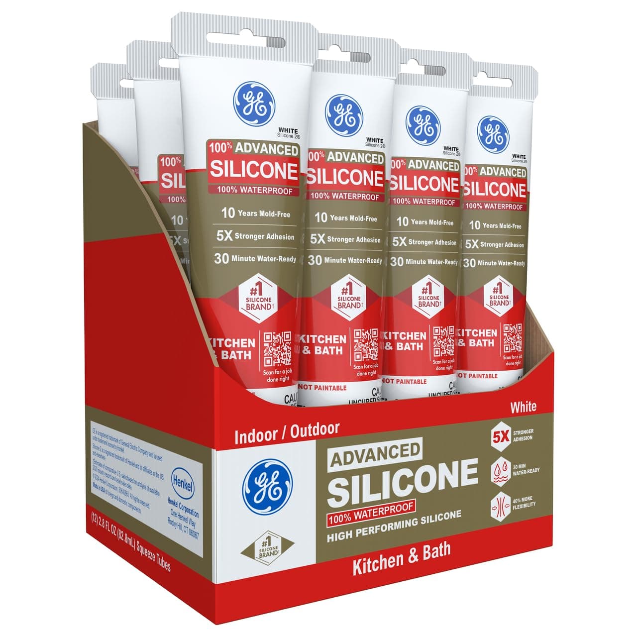 GE Advanced Silicone Kitchen & Bath Sealant White, 2.8 fl oz, Tube 12-Pack